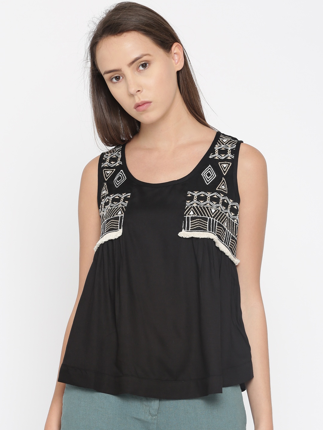 

Global Desi Women Black Self-Design Top