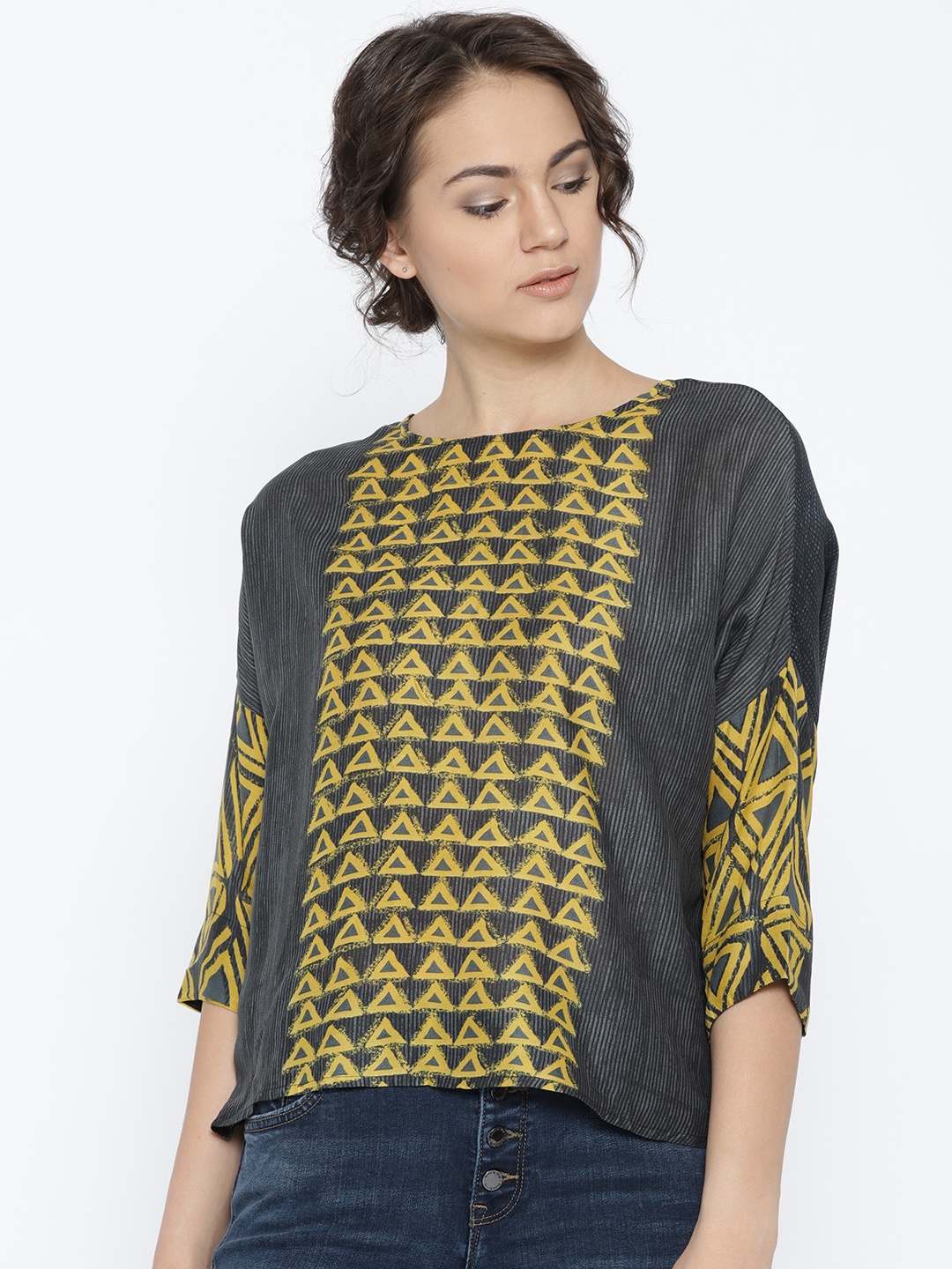 

Global Desi Women Mustard Yellow & Grey Printed Top