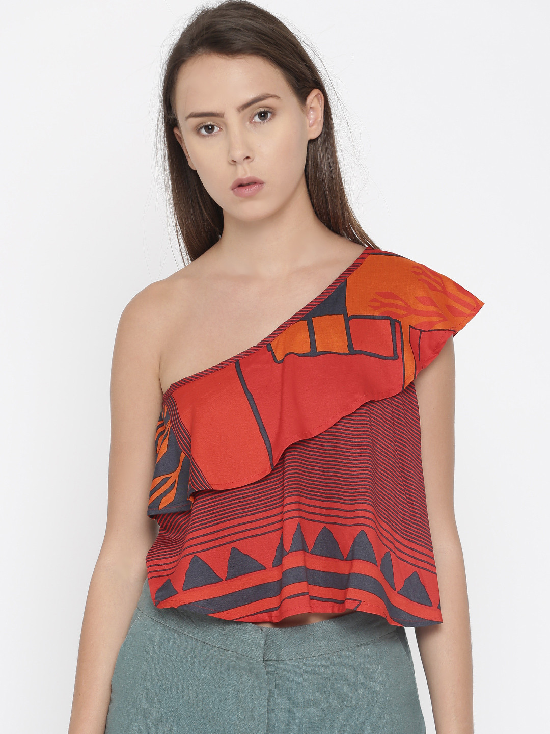 

Global Desi Women Orange & Red Printed Top
