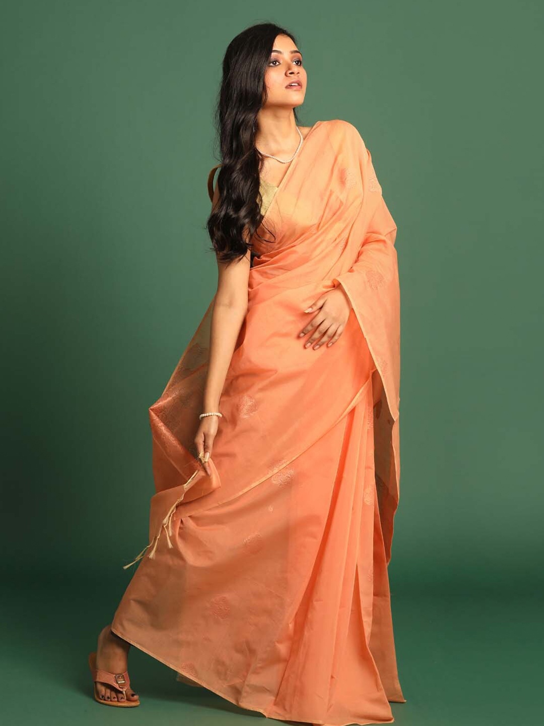 

Indethnic Ethnic Motifs Woven Design Zari Pochampally Saree, Peach