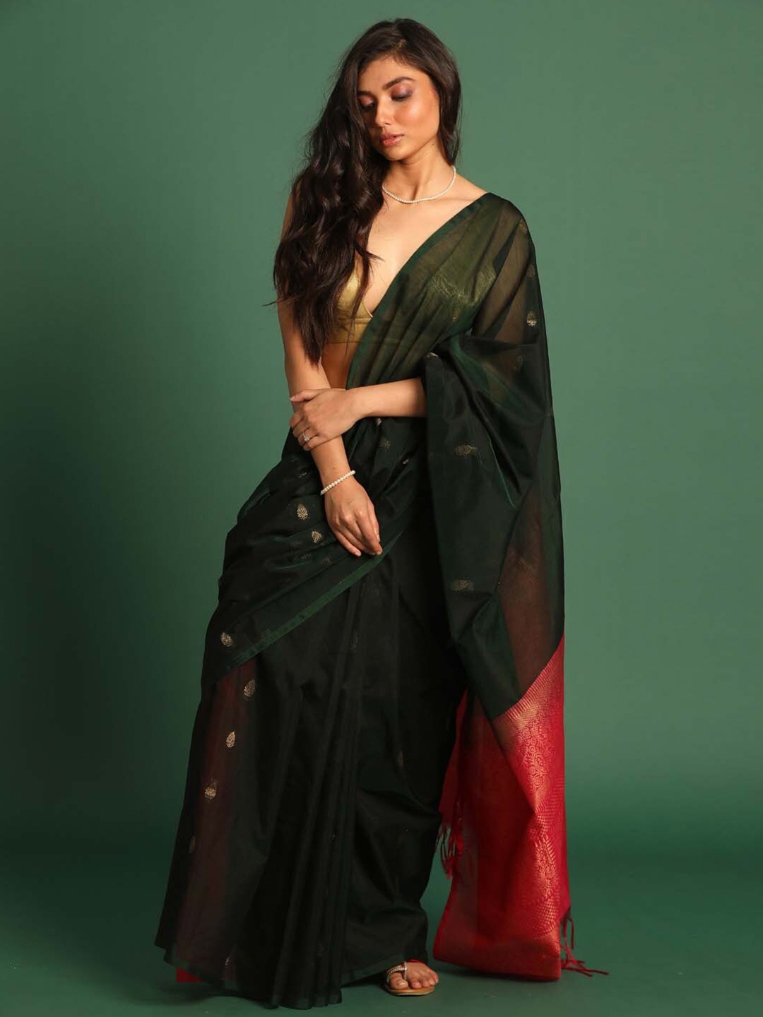 

Indethnic Ethnic Motifs Woven Design Zari Pochampally Saree, Green
