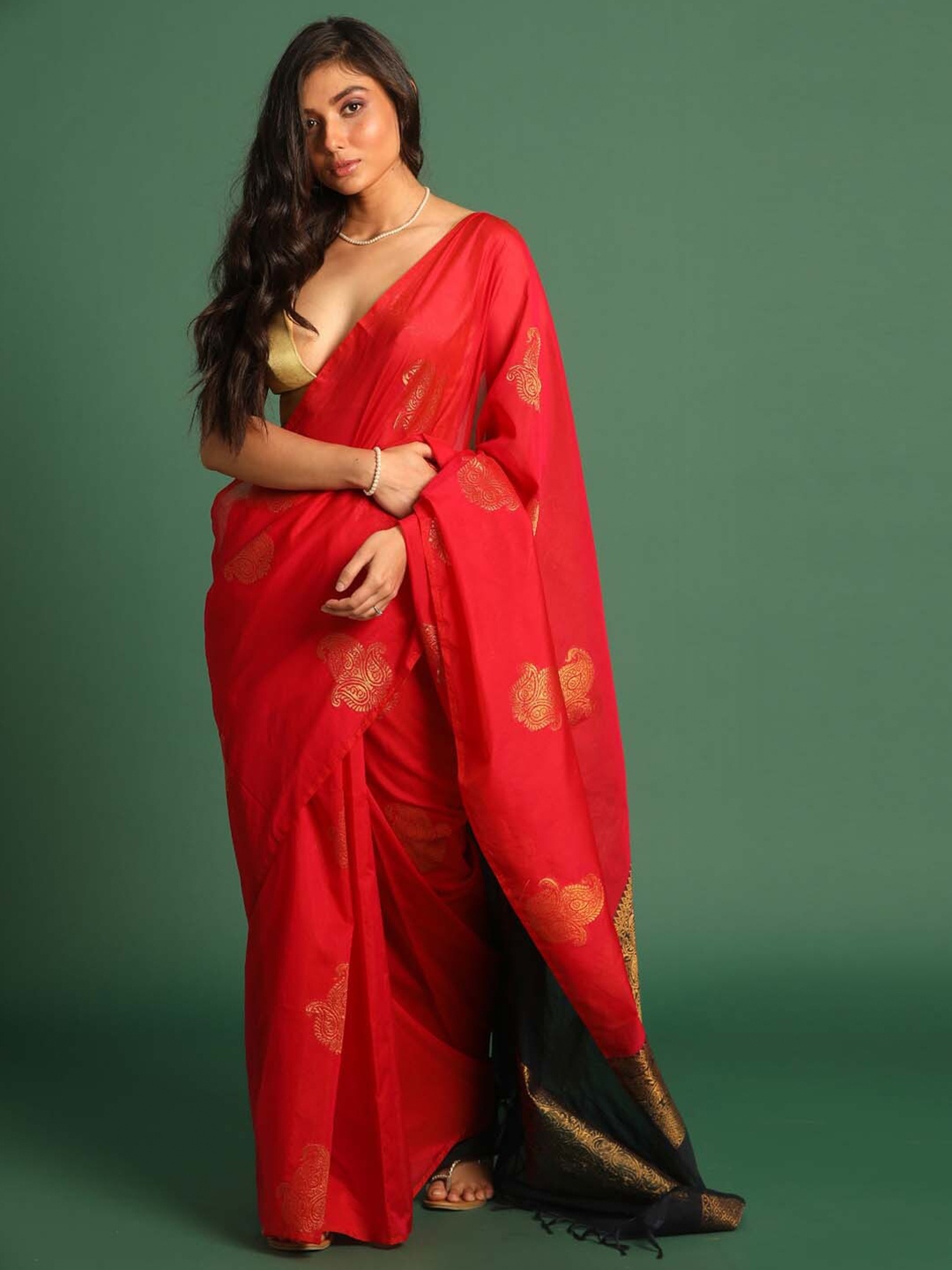 

Indethnic Ethnic Motifs Zari Pochampally Saree, Red