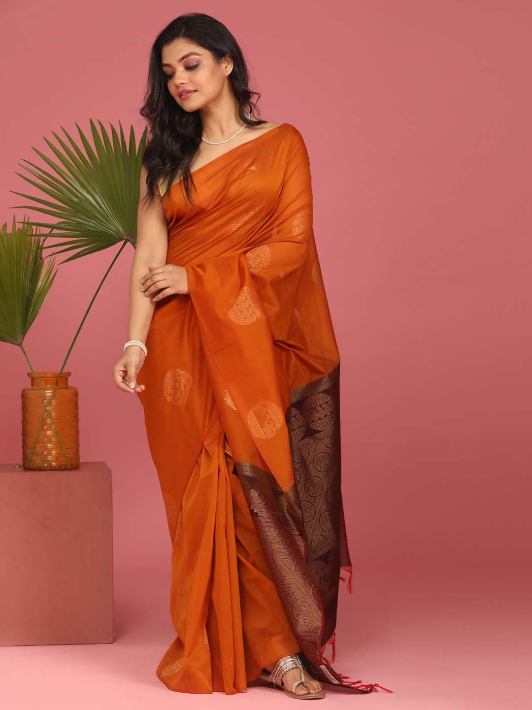 

Indethnic Ethnic Motifs Zari Pochampally Saree, Orange