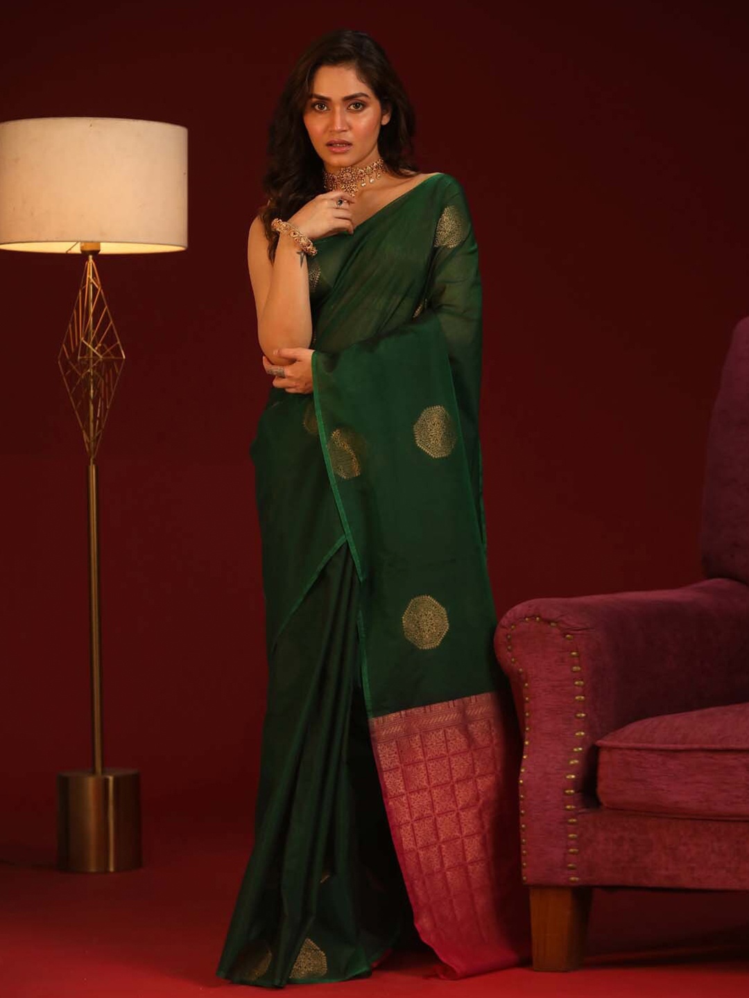 

Indethnic Ethnic Motifs Woven Design Zari Pochampally Saree, Green