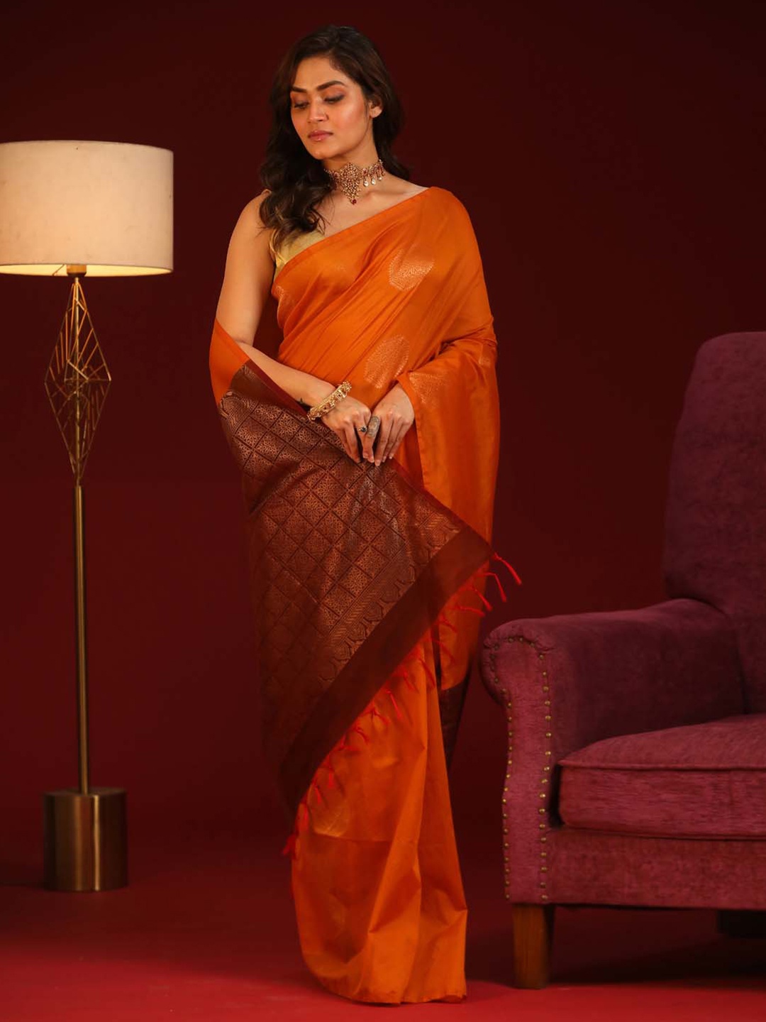 

Indethnic Ethnic Motifs Zari Pochampally Saree, Orange