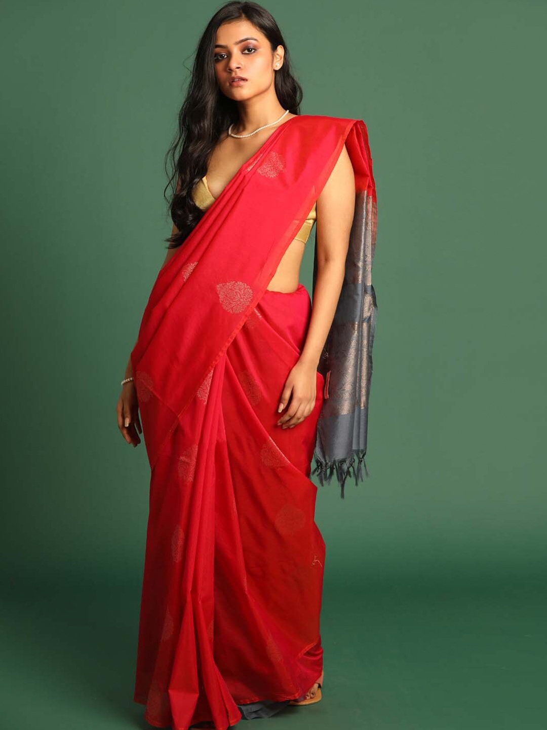 

Indethnic Ethnic Motifs Zari Pochampally Saree, Red