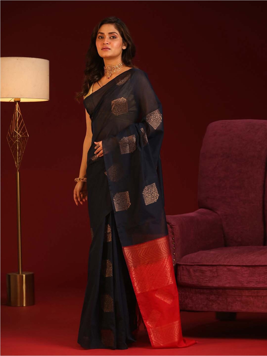 

Indethnic Ethnic Motifs Zari Pochampally Saree, Blue