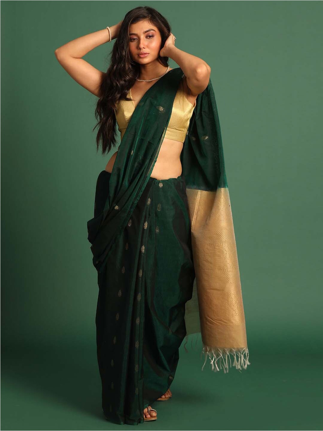 

Indethnic Ethnic Motifs Zari Pochampally Saree, Green