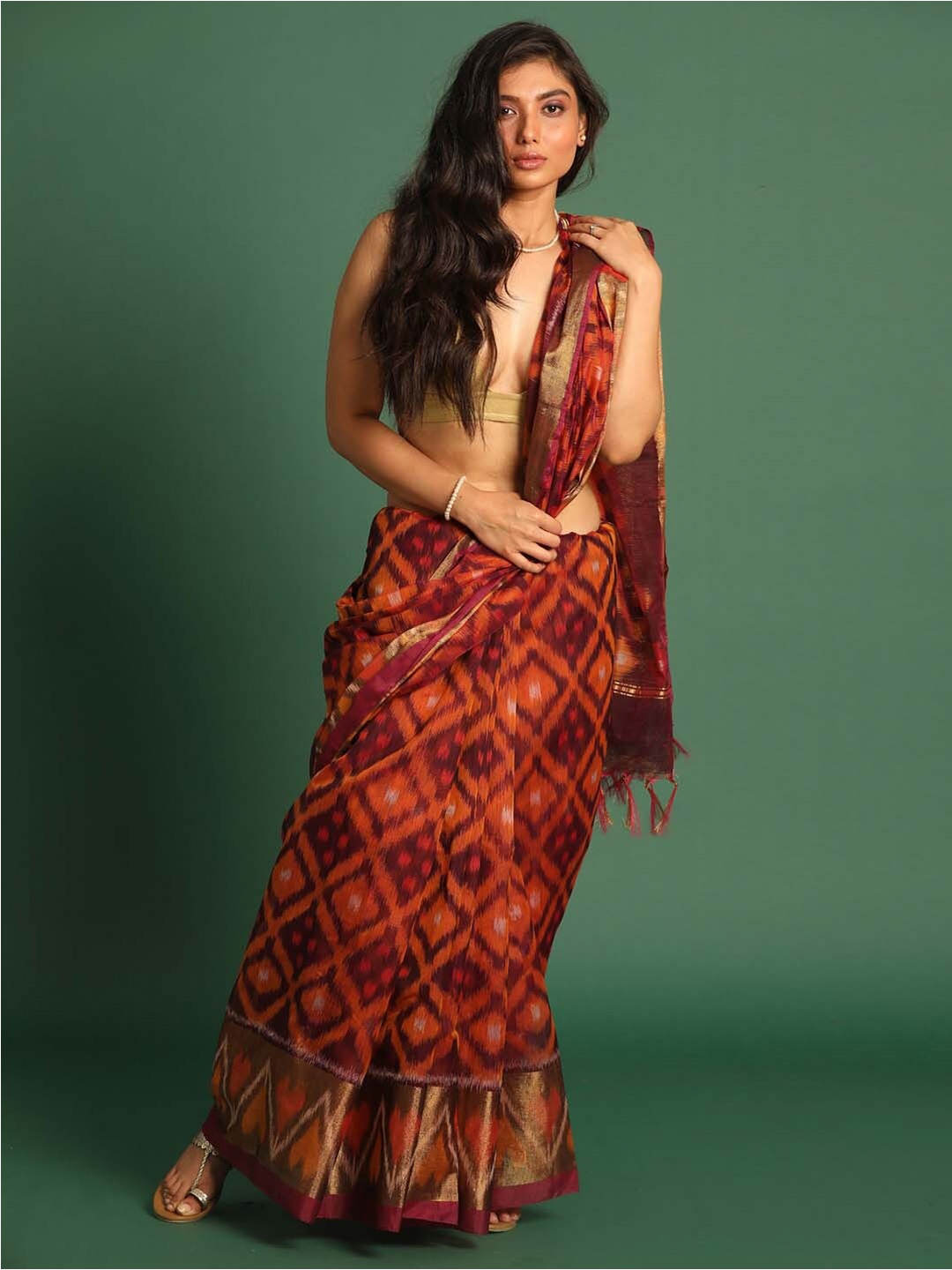 

Indethnic Geometric Woven Design Zari Pochampally Saree, Maroon