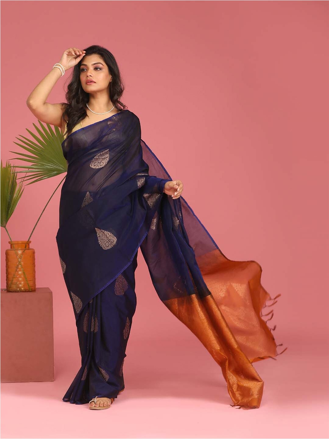 

Indethnic Ethnic Motifs Woven Design Zari Pochampally Saree, Blue