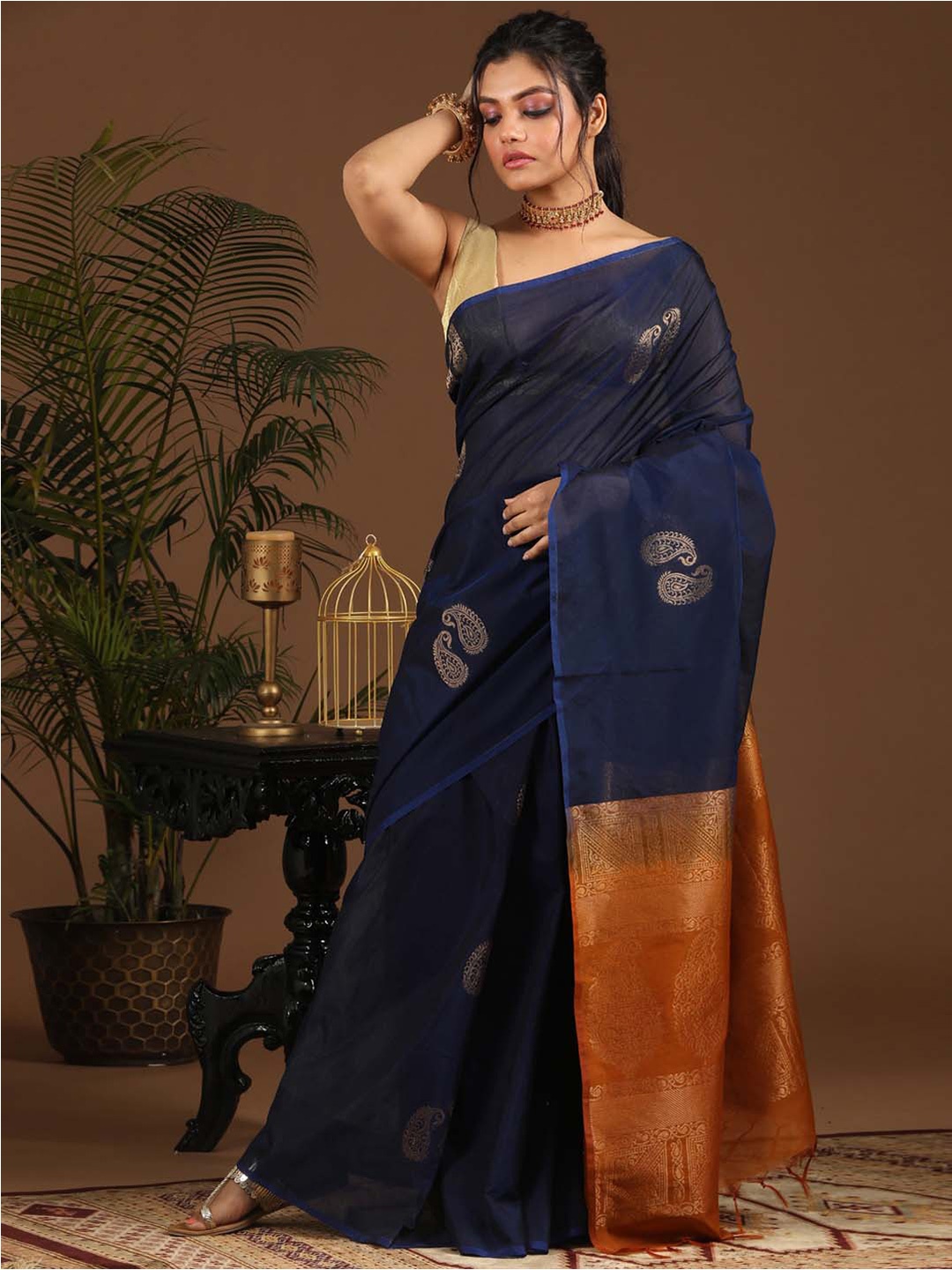

Indethnic Paisley Zari Pochampally Saree, Blue