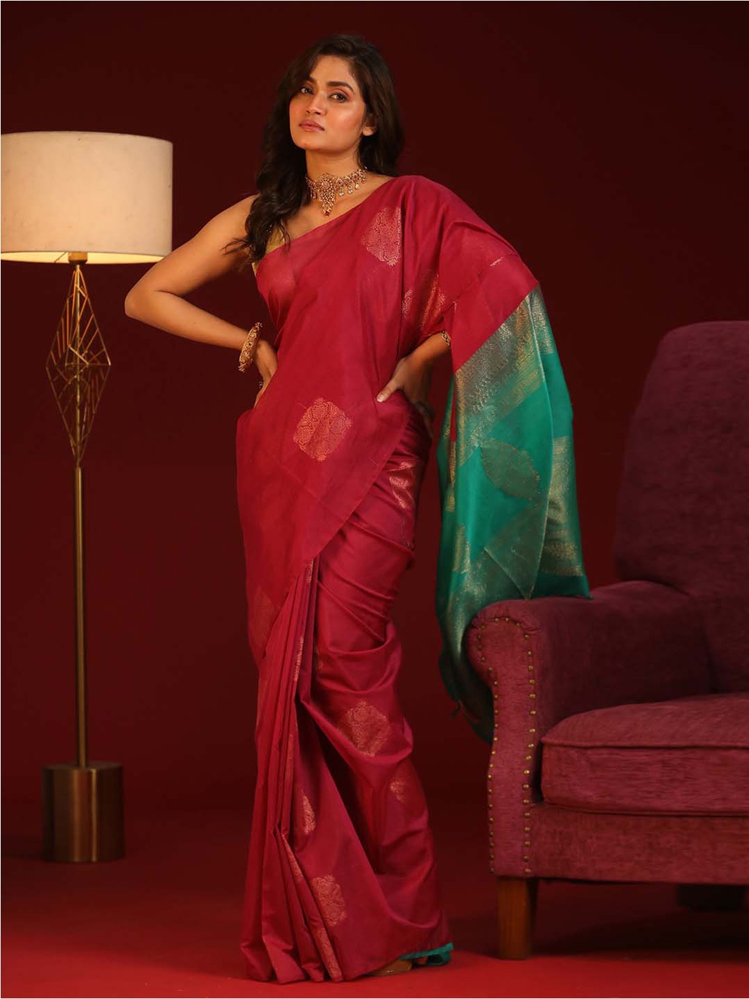 

Indethnic Ethnic Motifs Woven Design Zari Pochampally Saree, Magenta