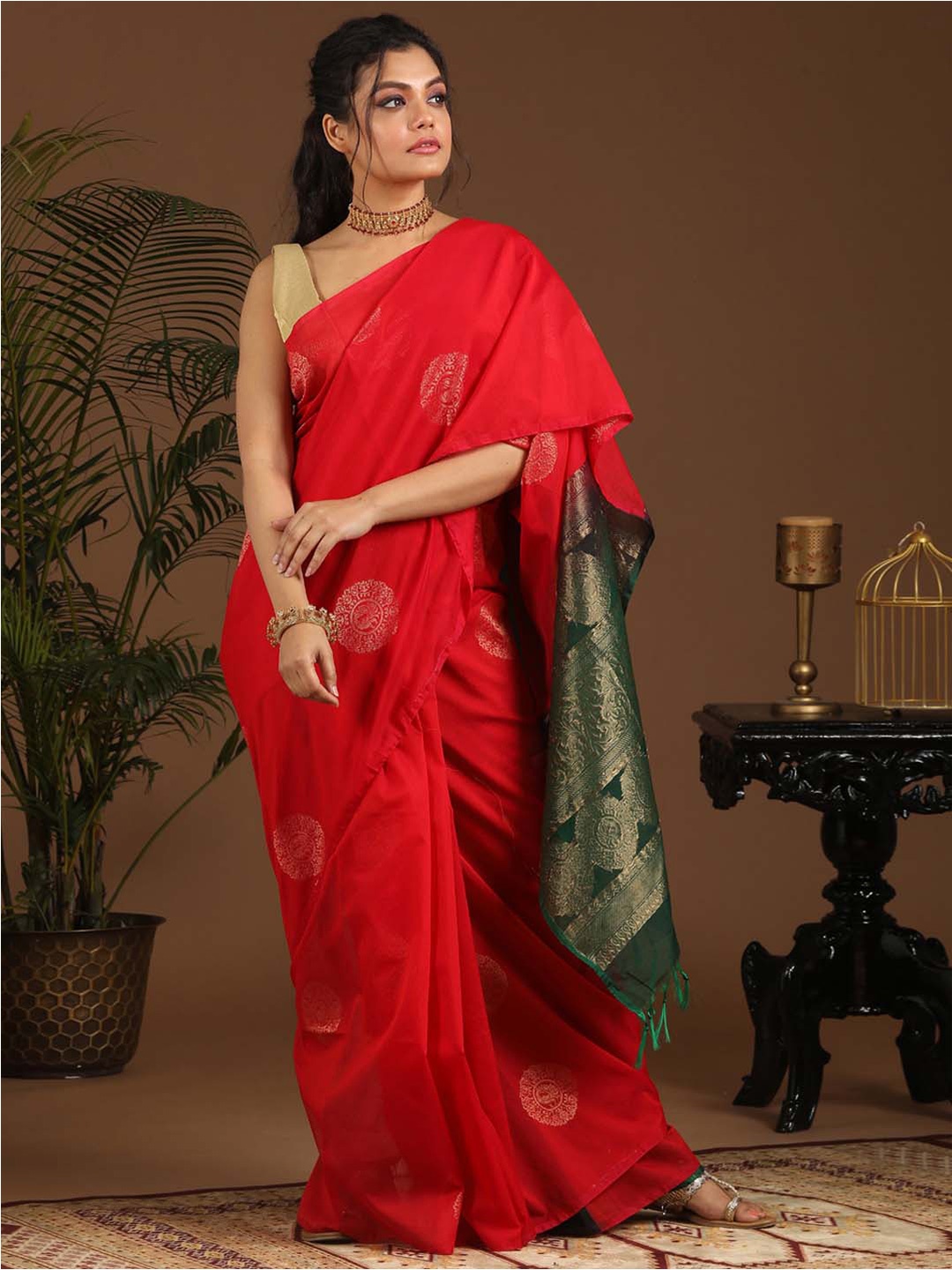 

Indethnic Ethnic Motifs Woven Design Zari Pochampally Saree, Red