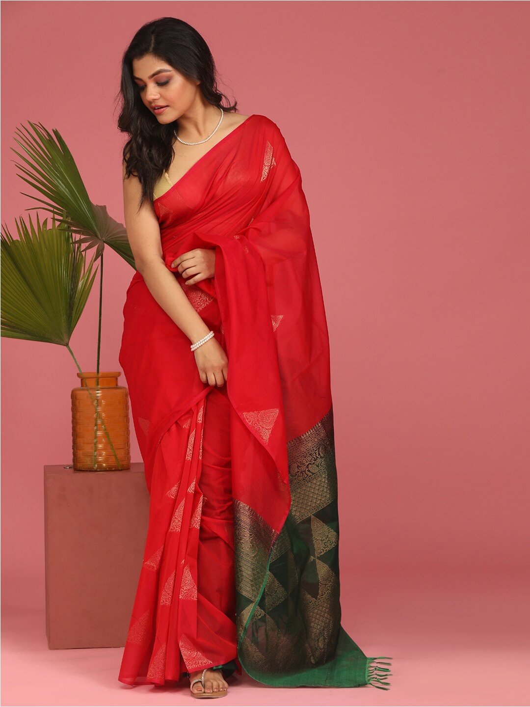 

Indethnic Ethnic Motifs Zari Pochampally Saree, Red