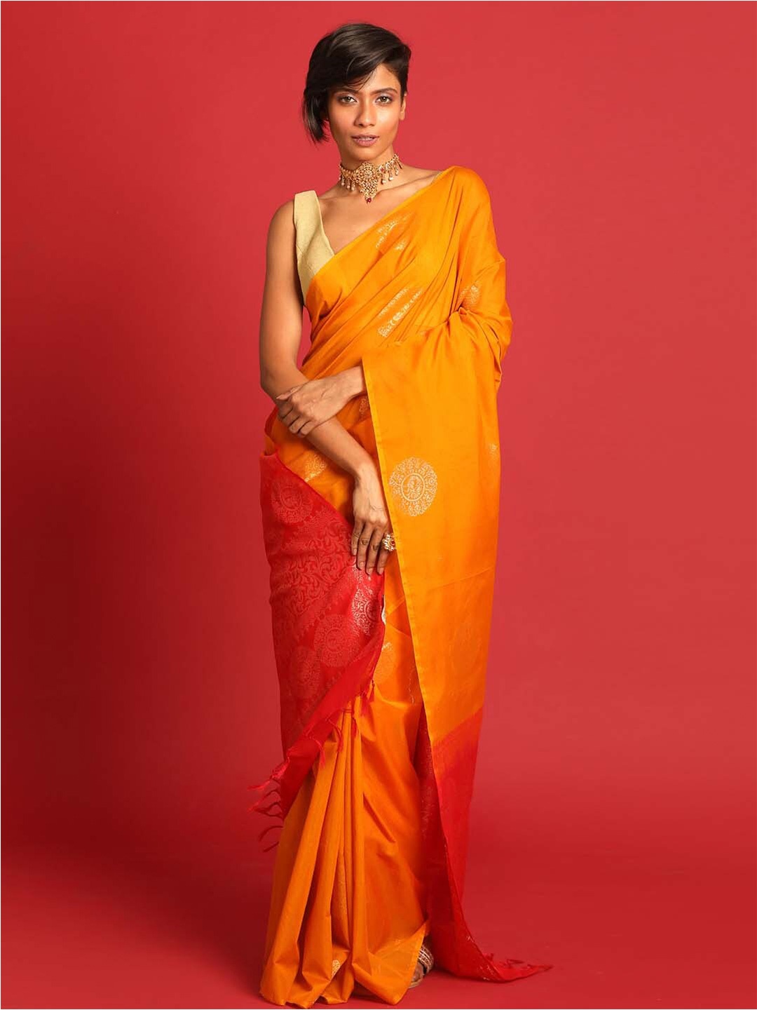 

Indethnic Ethnic Motifs Woven Design Zari Pochampally Saree, Orange