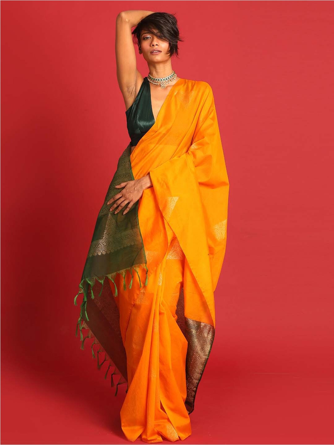 

Indethnic Ethnic Motifs Zari Pochampally Saree, Orange
