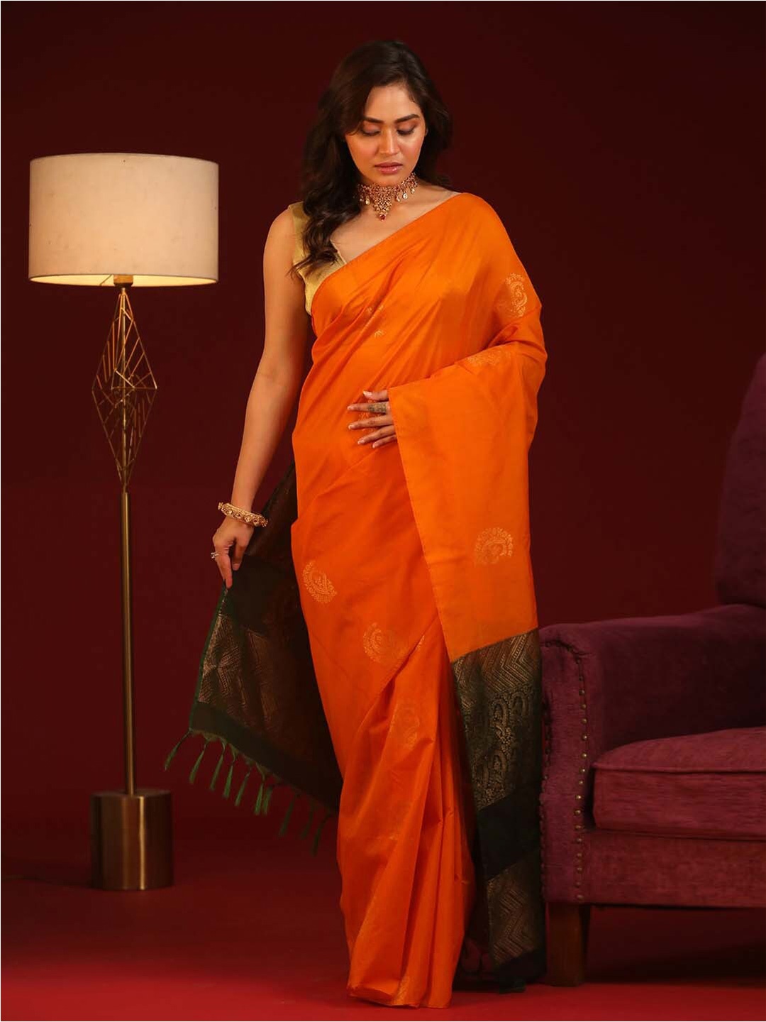 Indethnic Ethnic Motifs Zari Pochampally Saree, Orange