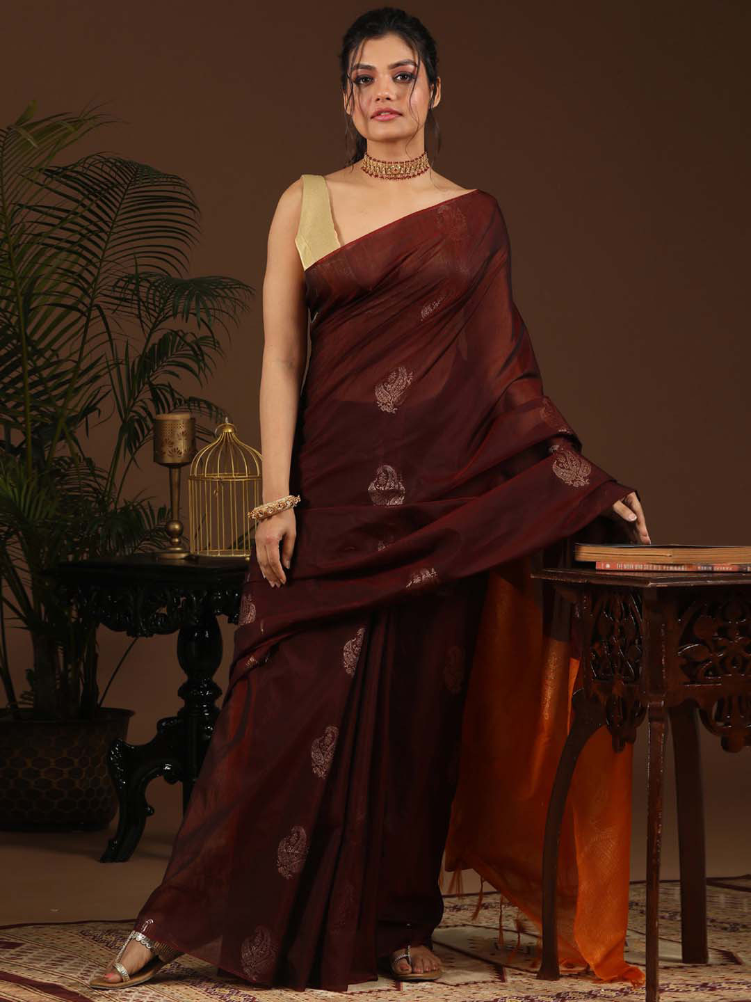 

Indethnic Ethnic Motifs Zari Art Silk Pochampally Saree With Blouse Piece, Brown