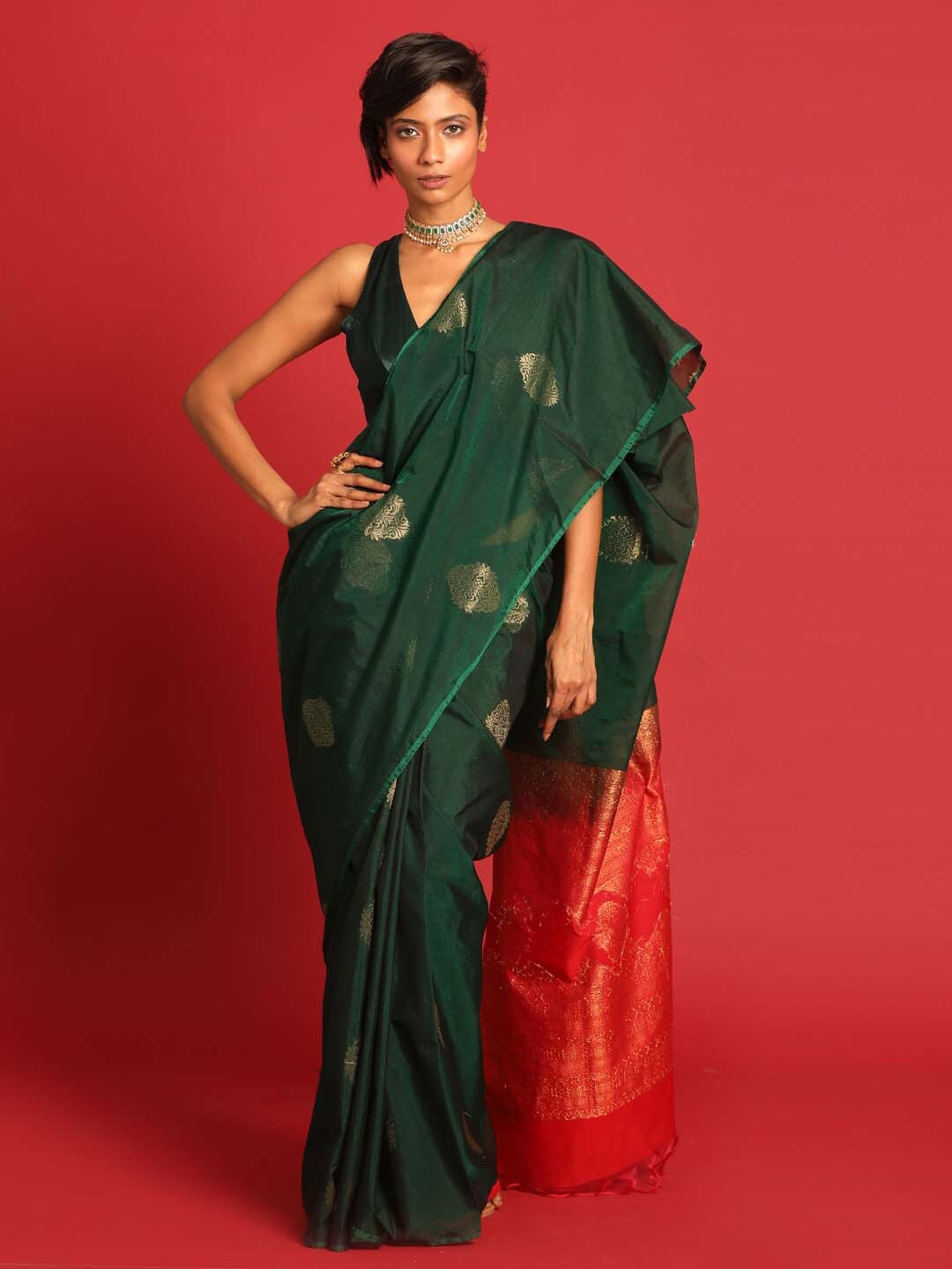 

Indethnic Ethnic Motifs Zari Art Silk Pochampally Saree With Blouse Piece, Green