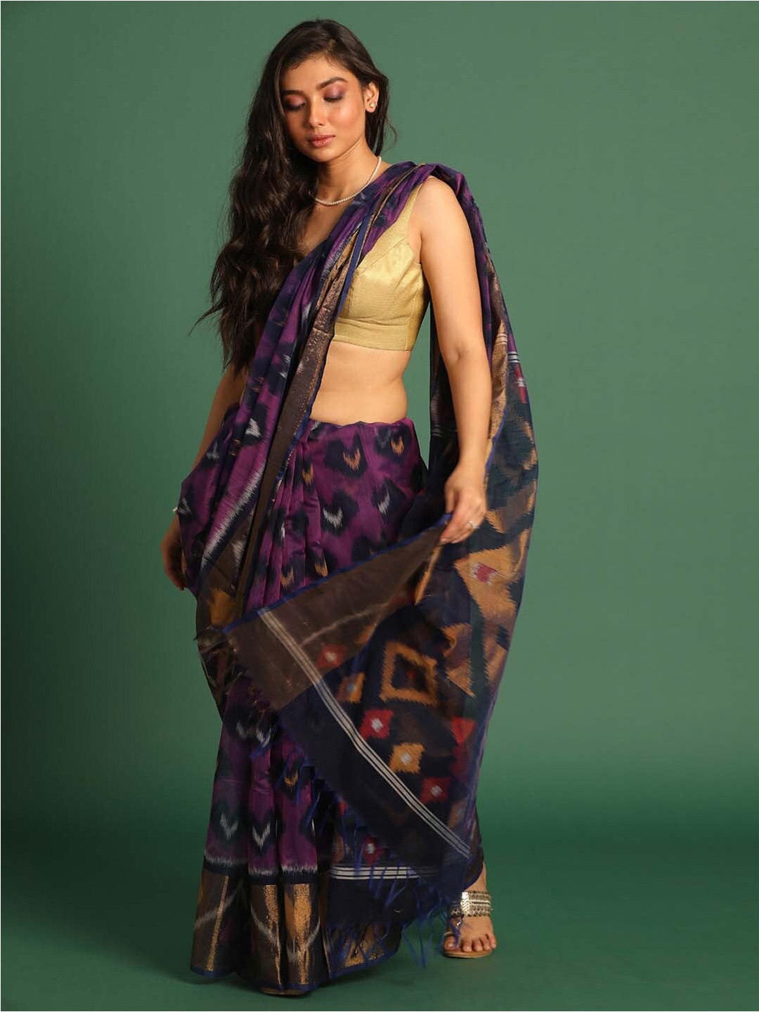 

Indethnic Geometric Woven Design Zari Pochampally Saree, Purple