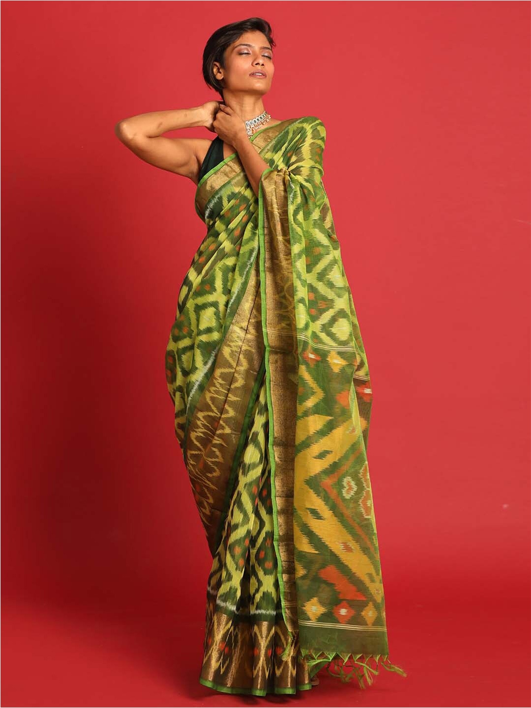 

Indethnic Geometric Woven Design Zari Pochampally Saree, Green