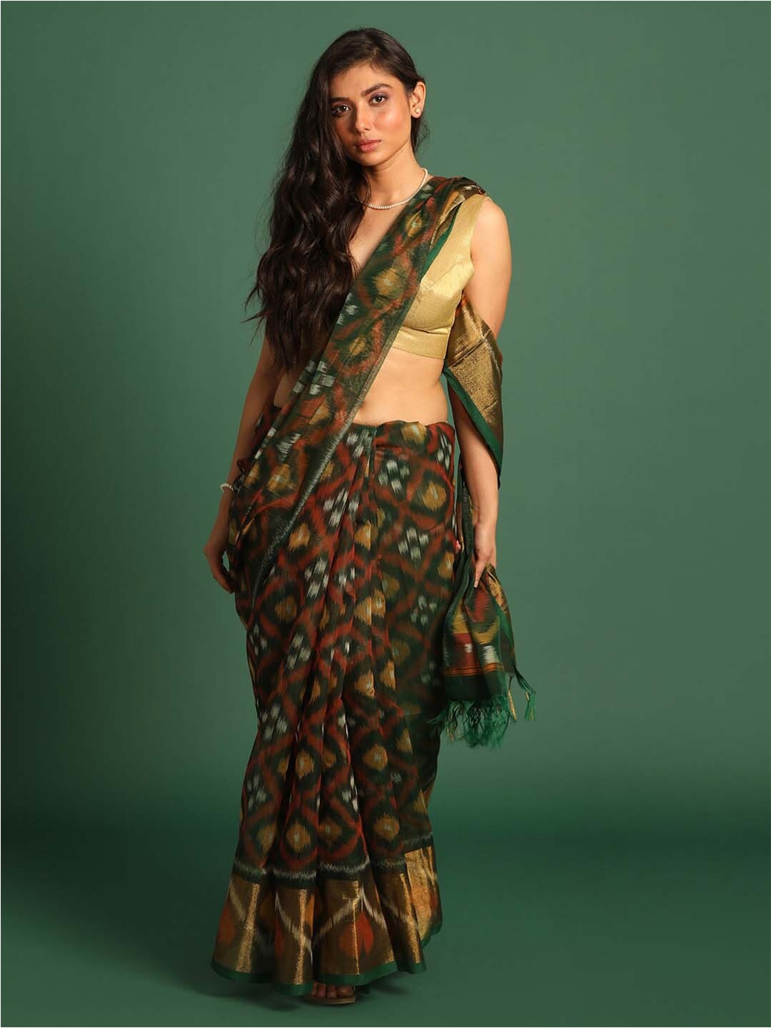 

Indethnic Geometric Woven Design Zari Pochampally Saree, Green