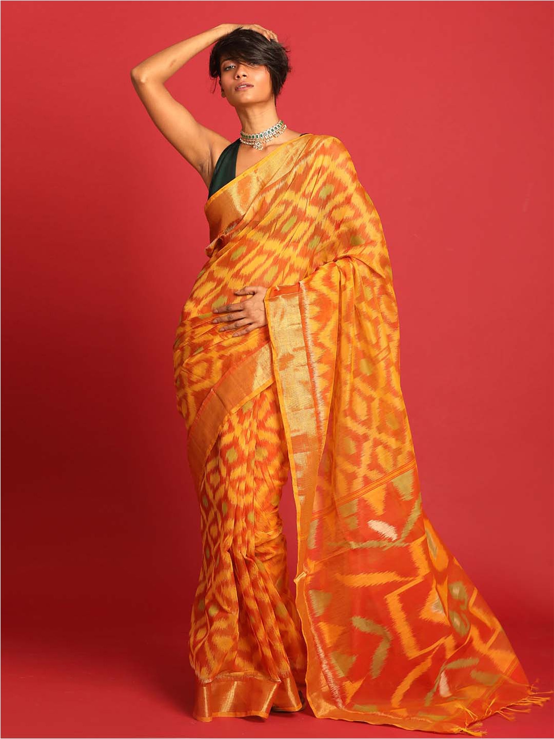 

Indethnic Geometric Woven Design Zari Pochampally Saree, Orange