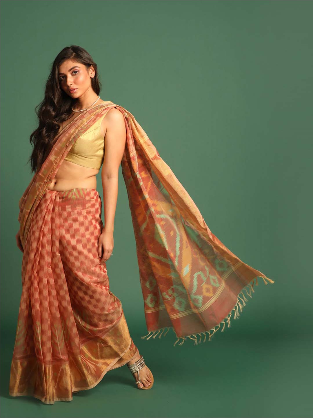 

Indethnic Checked Zari Pochampally Saree, Rust