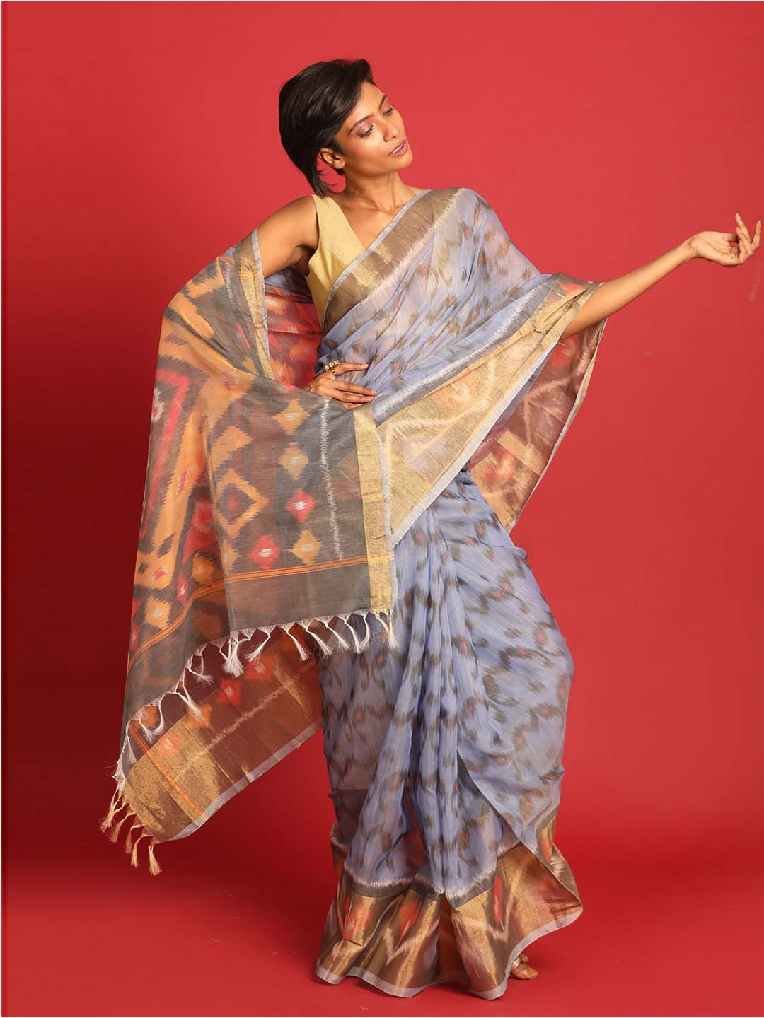 

Indethnic Ethnic Motifs Zari Pochampally Saree, Grey