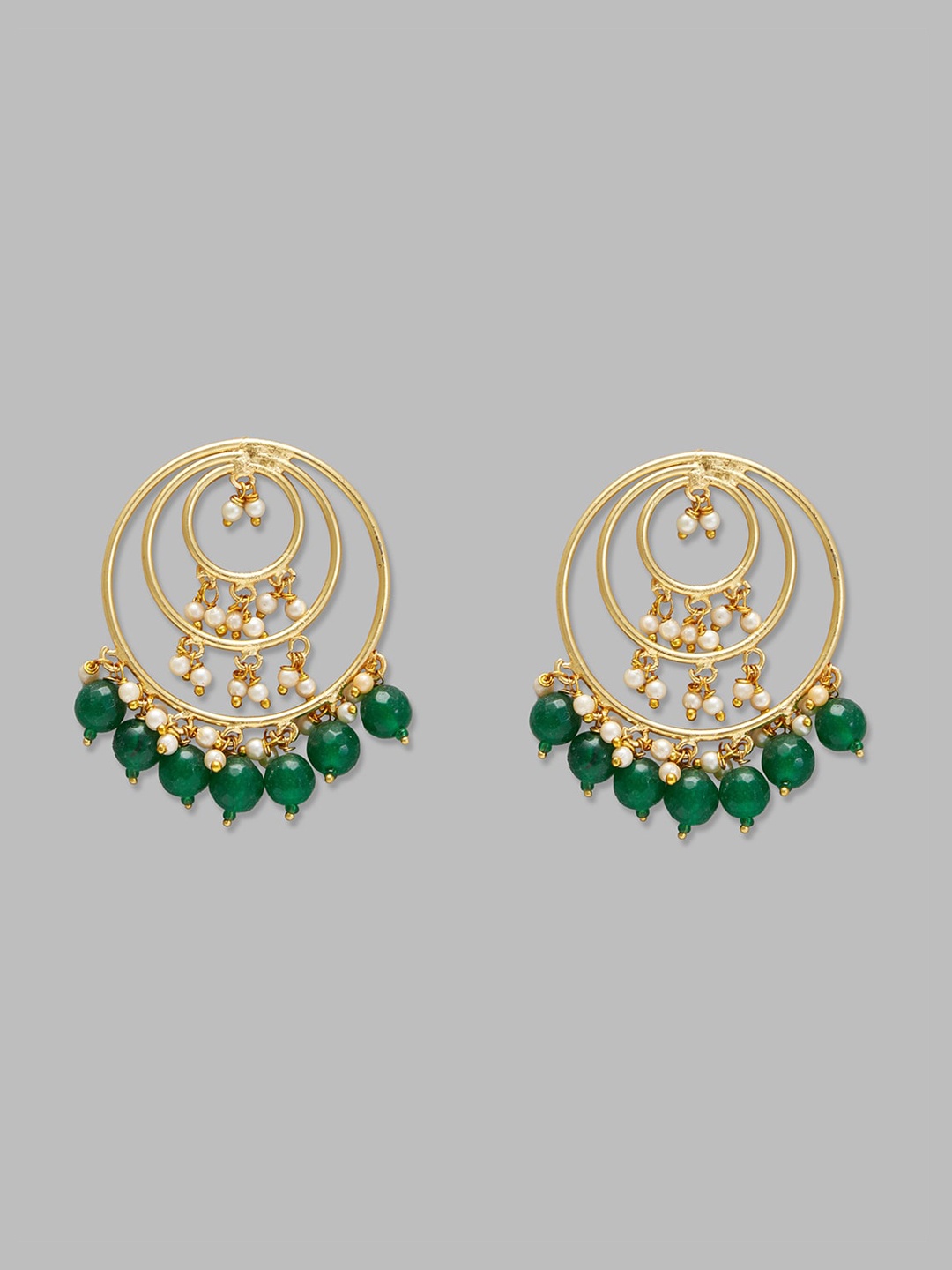 

Globus Gold-Plated & Green Kundan-Studded Circular Drop Earrings