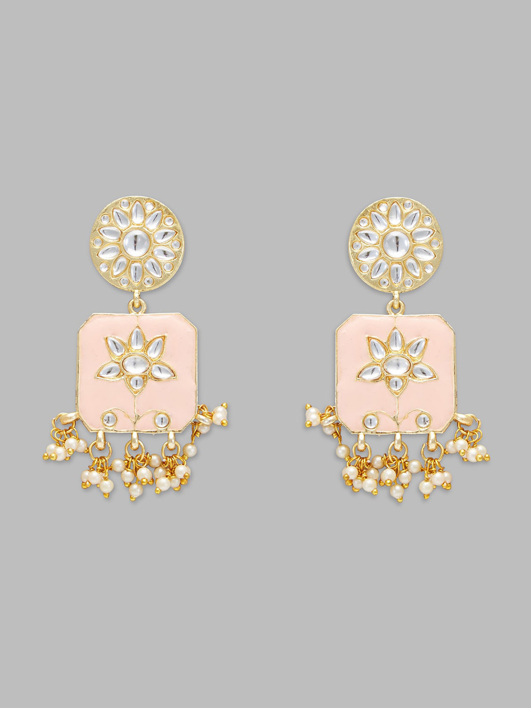 

Globus Gold-Plated Geometric Kundan Studded & Beaded Drop Earrings