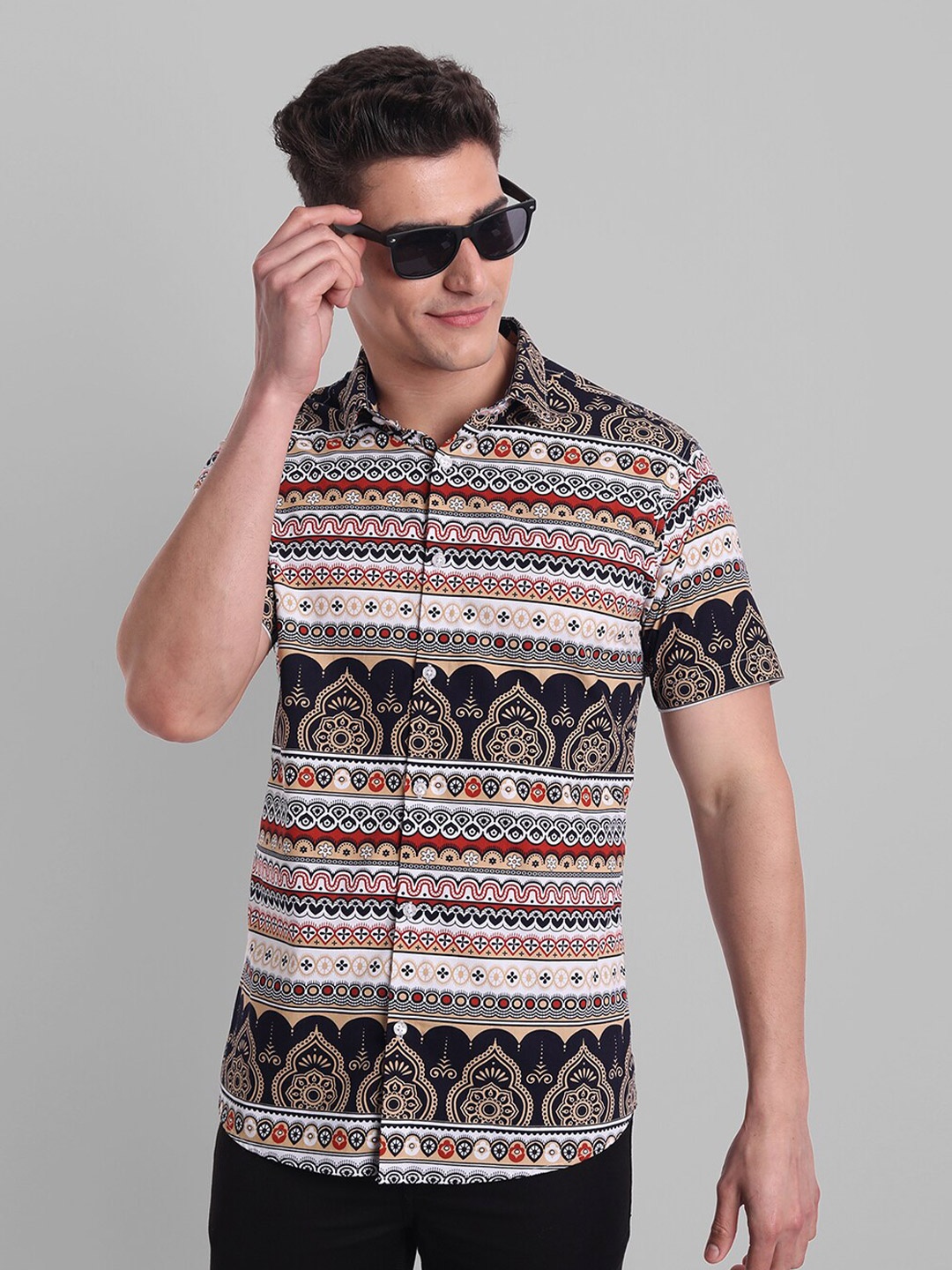 

Majestic Man Slim Fit Ethnic Printed Pure Cotton Casual Shirt, Beige