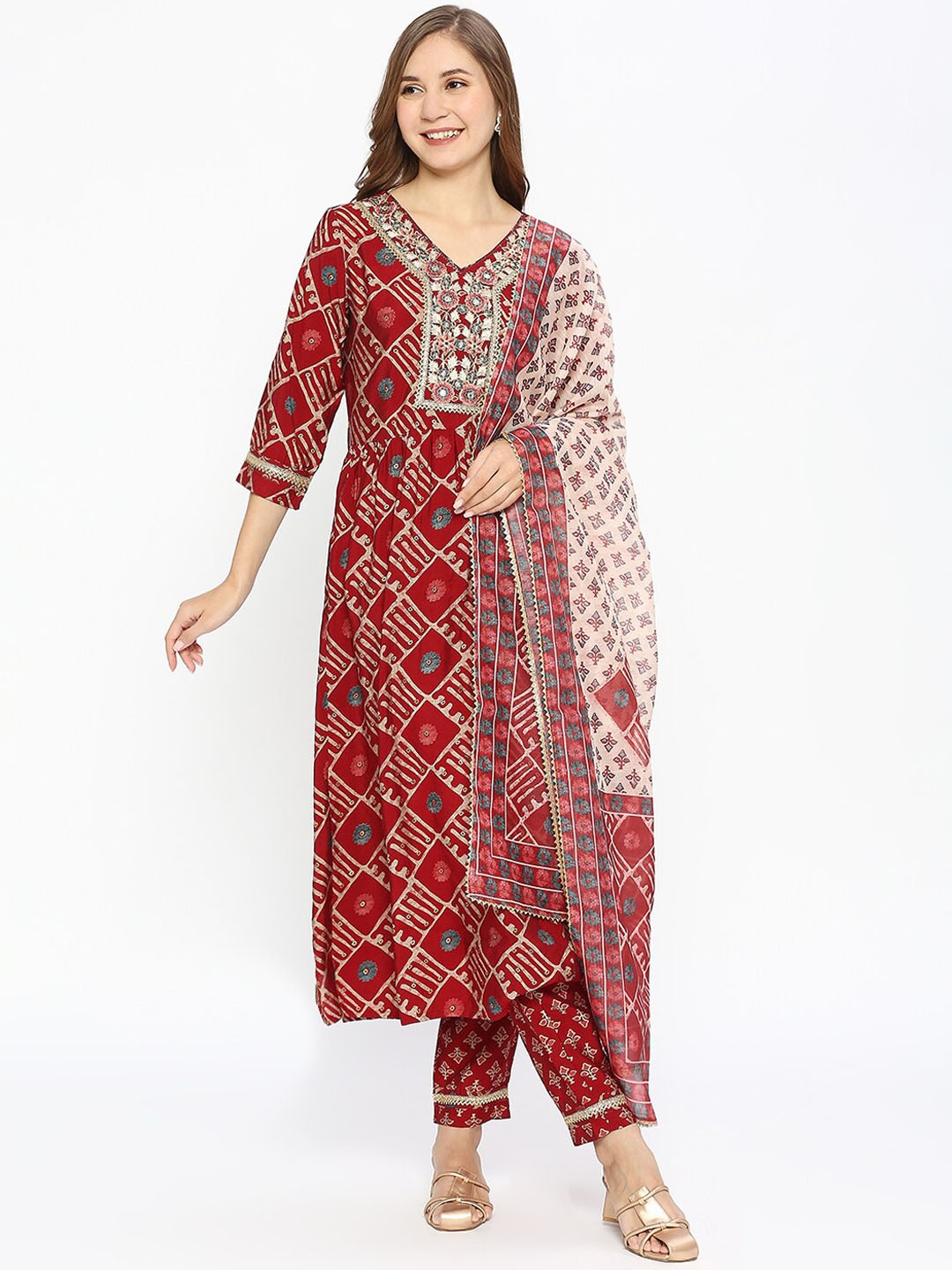 

ZRI Printed Regular Thread Work Kurta With Trousers & Dupatta, Red
