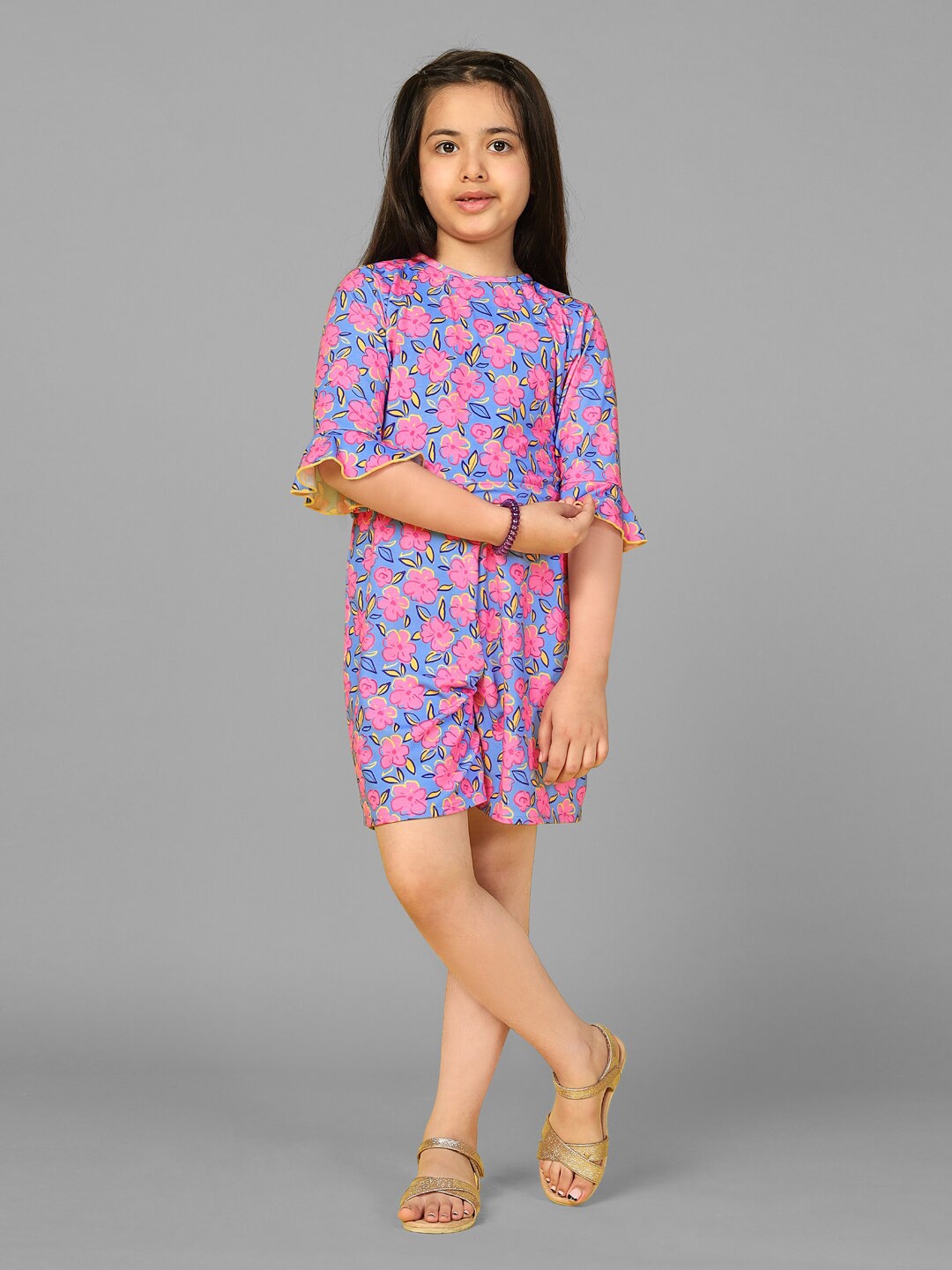 

FASHION DREAM Girls Floral Printed Capri Jumpsuit, Blue