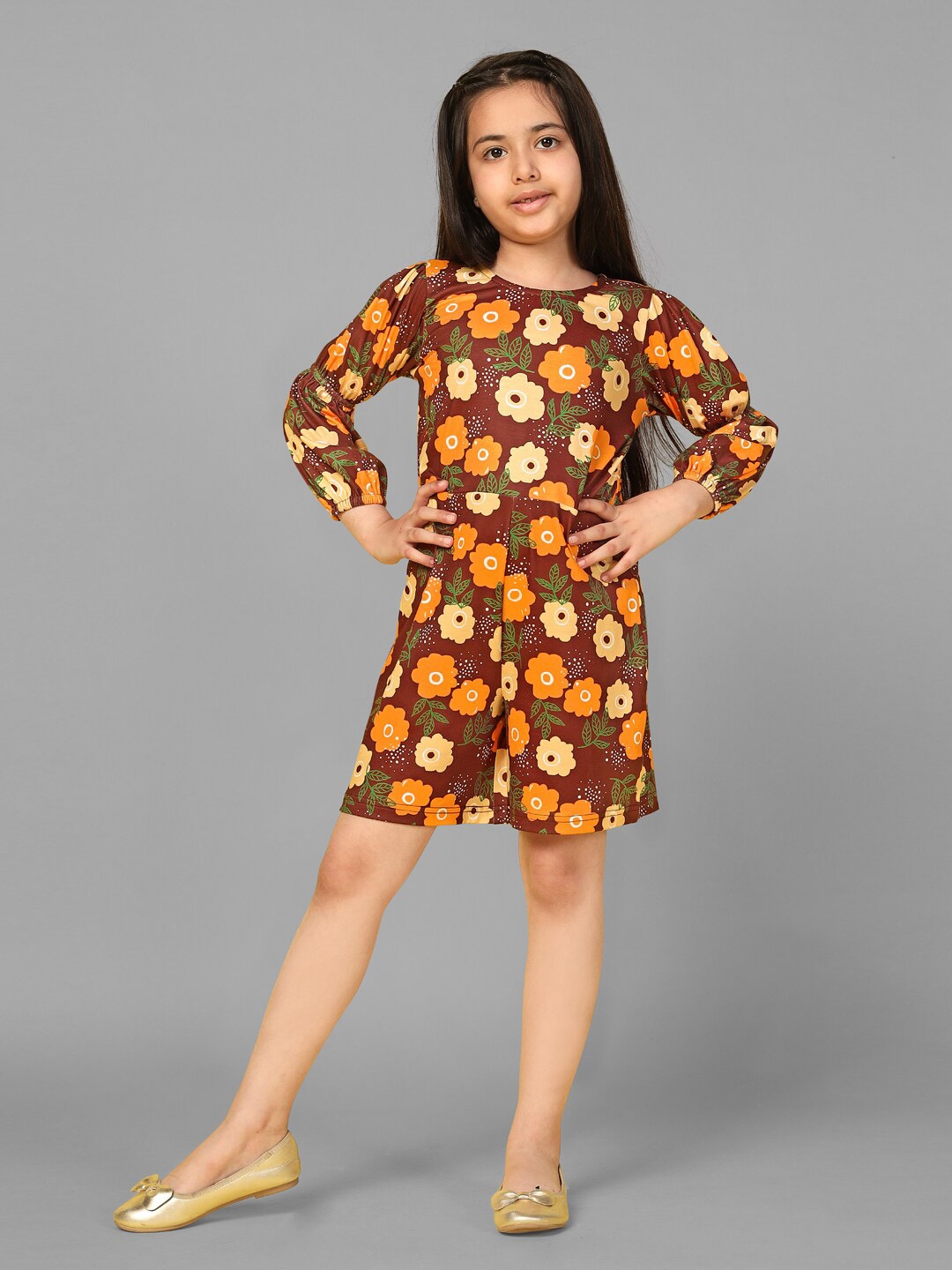 

FASHION DREAM Girls Floral Printed Playsuit, Brown