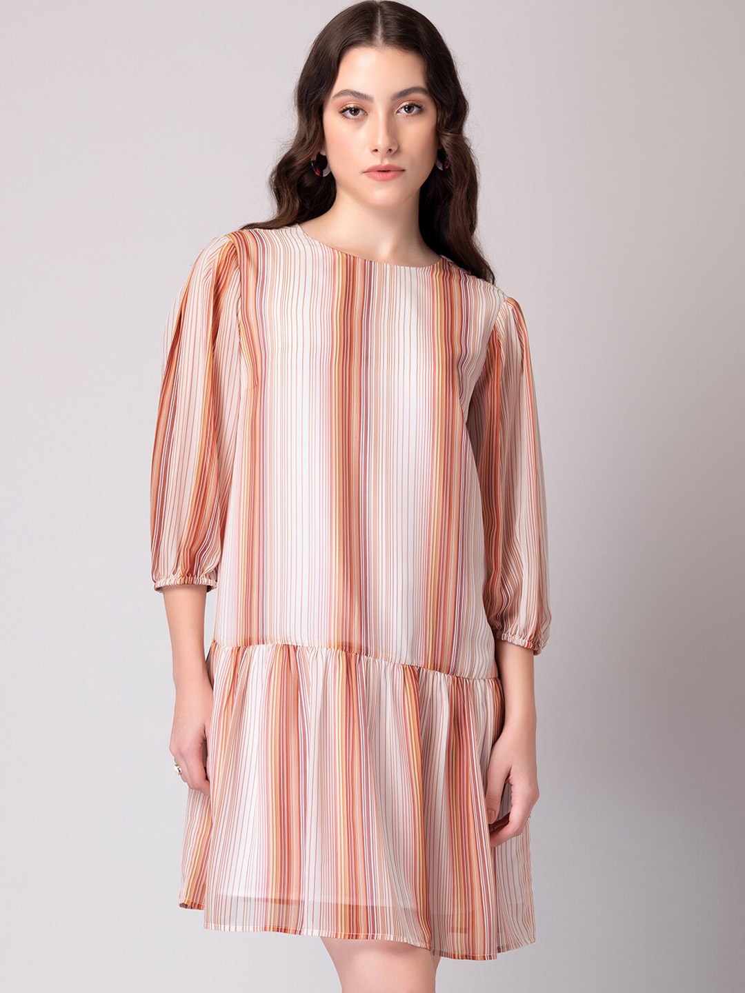 

FabAlley Brown Striped Georgette Drop-Waist Dress