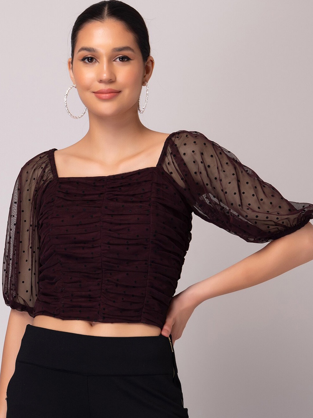 

FabAlley Polka Dots Printed Ruched Square Neck Crop Top, Maroon
