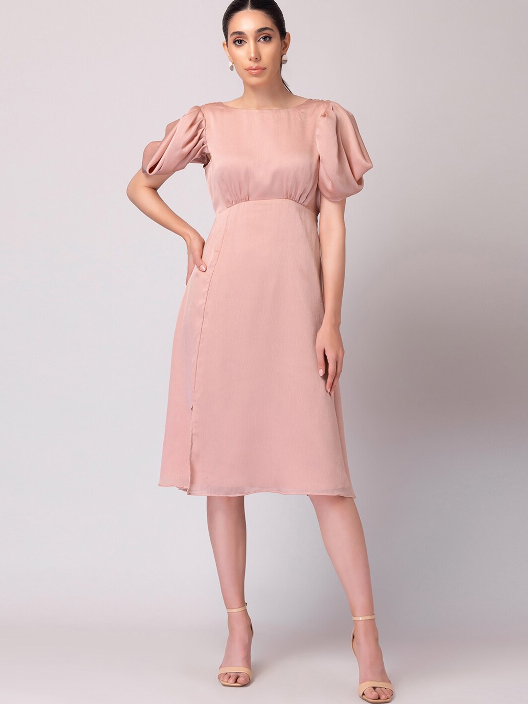 

FabAlley Pink Puff Sleeve Georgette A-Line Dress