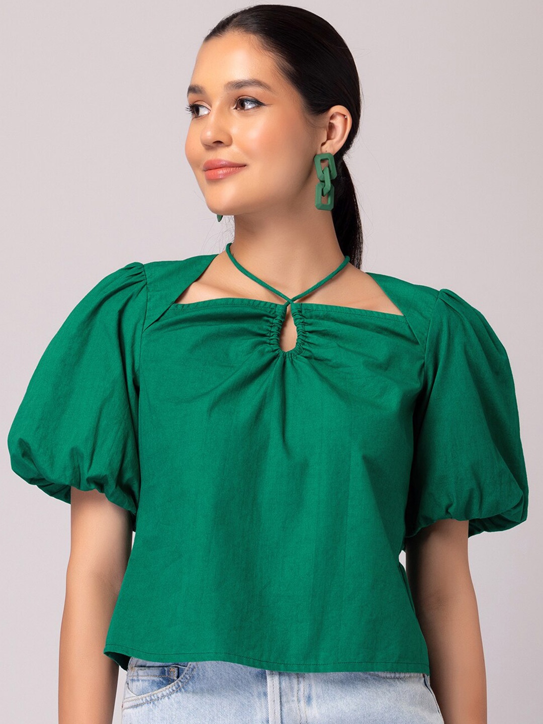 

FabAlley Green Tie-Up Neck Puff Sleeve Cotton Top