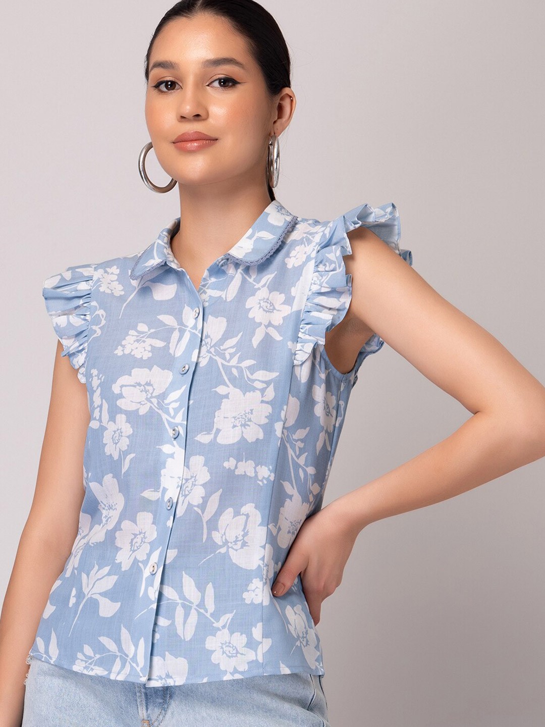 

FabAlley Floral Printed Shirt Collar Flutter Sleeve Shirt Style Top, Blue