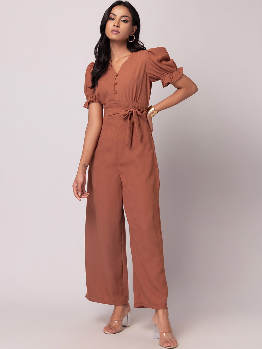 

FabAlley Brown V-Neck Puff Sleeves Basic Jumpsuit With Fabric Belt
