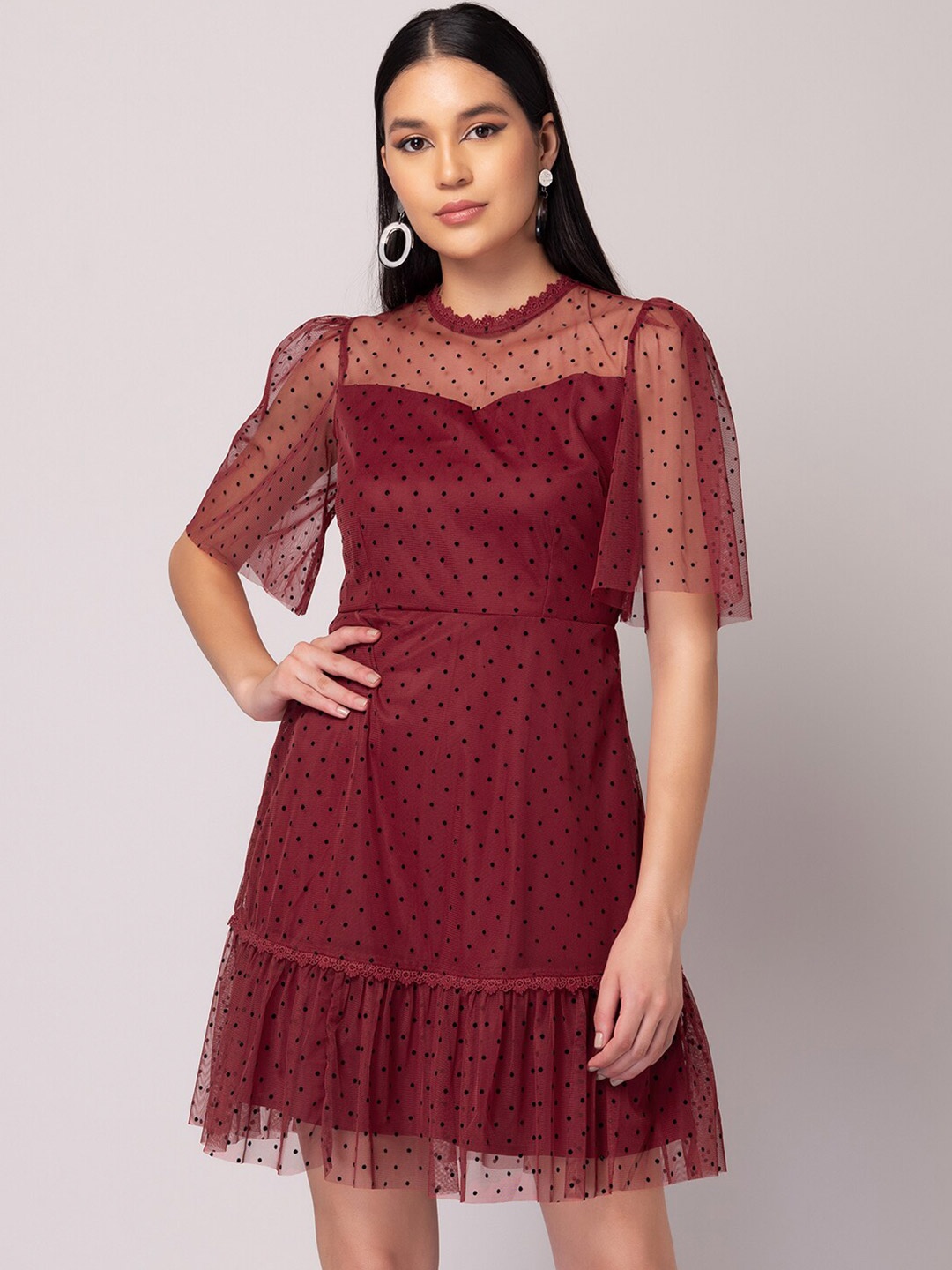 

FabAlley Red Flared Sleeve Net A-Line Dress