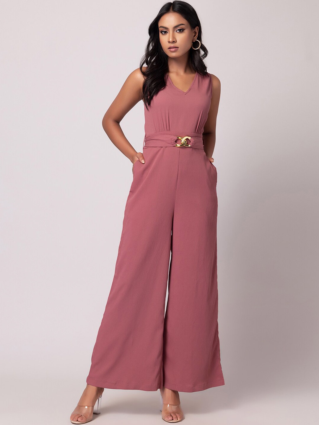 

FabAlley Pink V-Neck Sleeveless Basic Jumpsuit With Belt