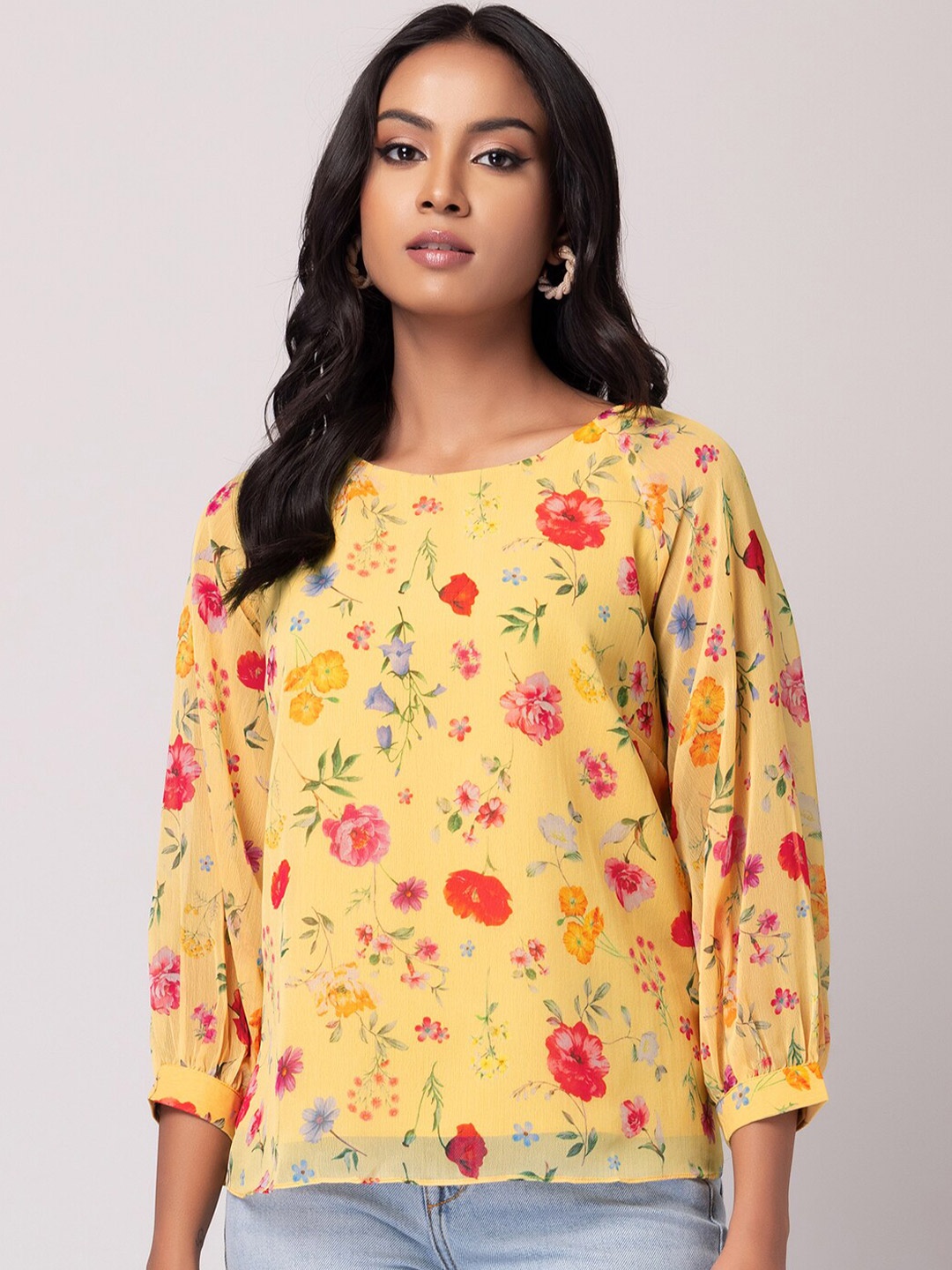 

FabAlley Yellow Floral Print Round Neck Georgette Top