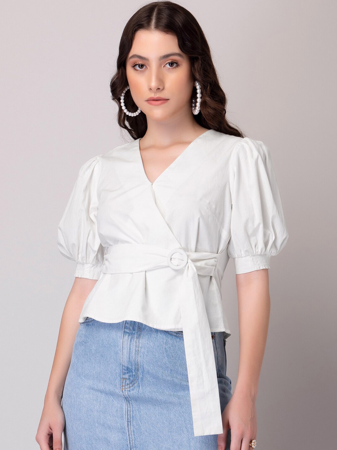 

FabAlley White V-Neck Puff Sleeve Pure Cotton Wrap Top