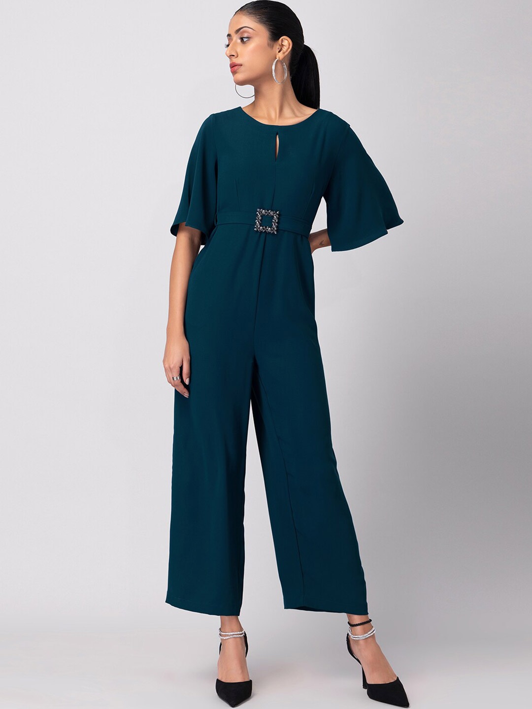 

FabAlley Blue Flared Sleeve Basic Jumpsuit With Fabric Buckle Belt, Teal