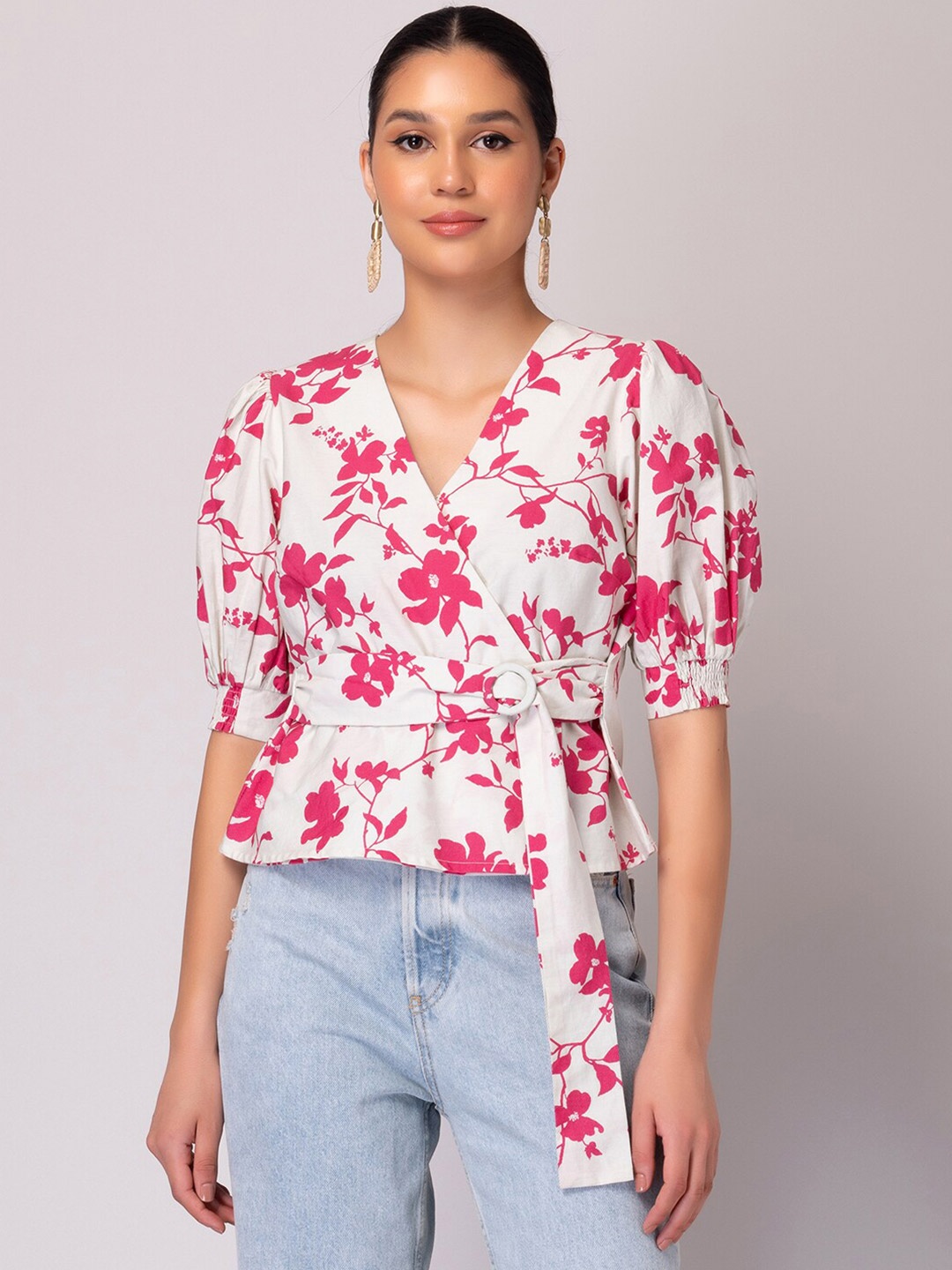 

FabAlley White Pink Floral Printed Puff Sleeve Pure Cotton Wrap Top
