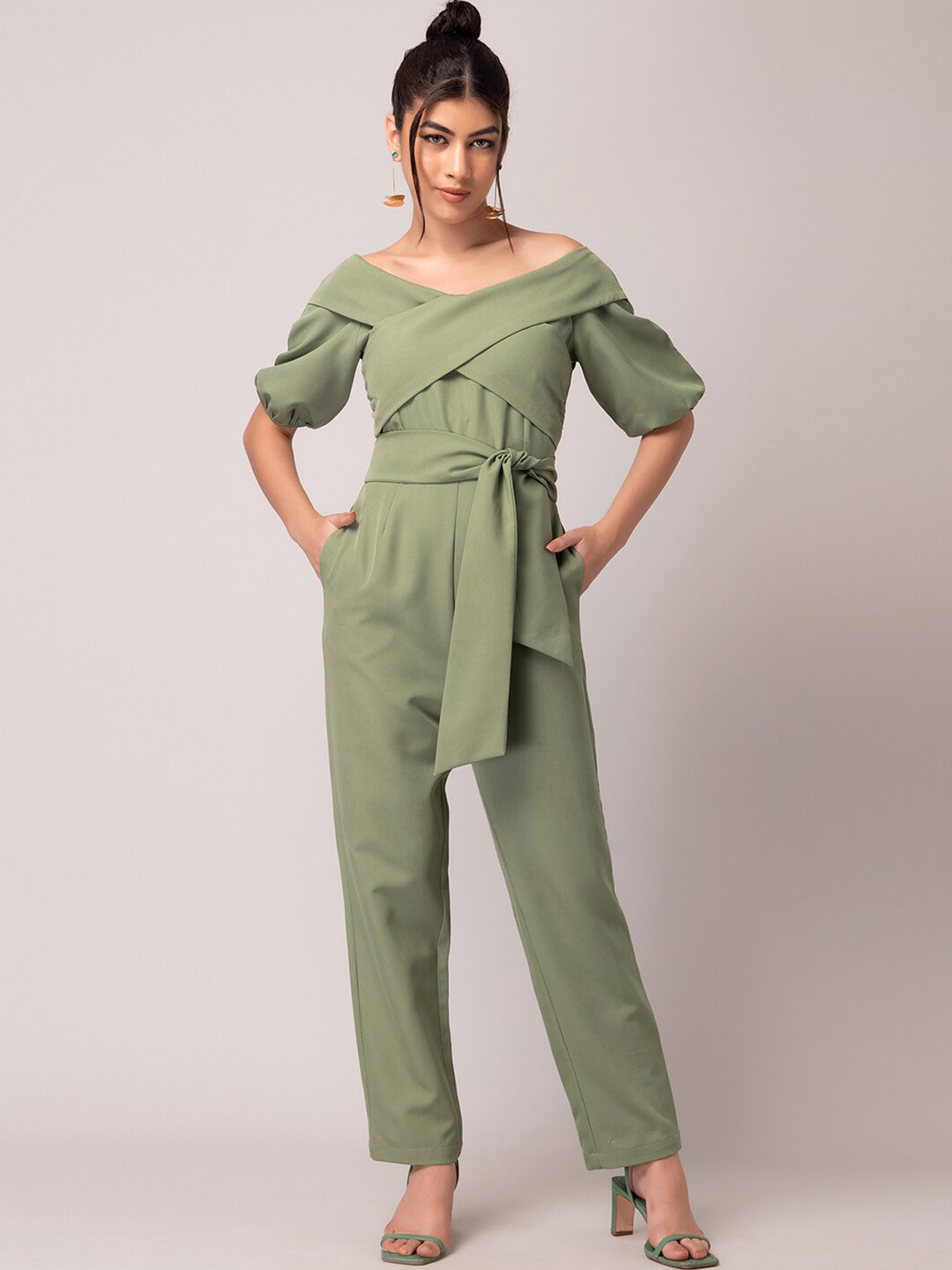

FabAlley Green V-Neck Front Tie-up Basic Jumpsuit