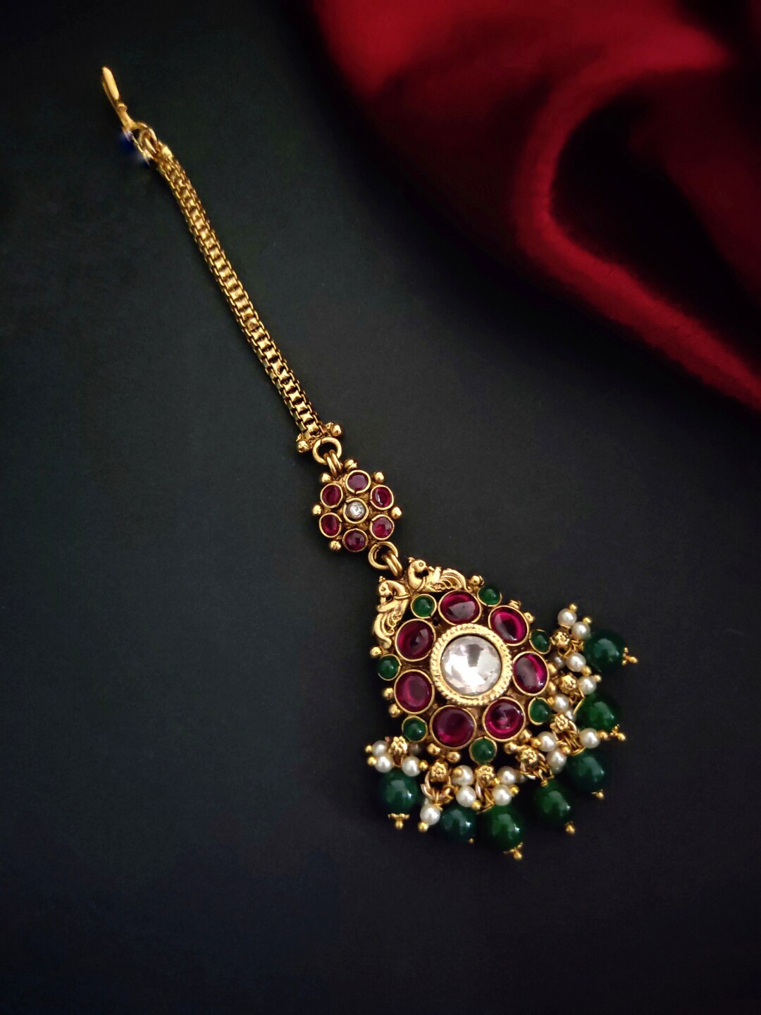 

Pihtara Jewels Gold-Plated Green & Pink Stone-Studded & Faux Pearls-Beaded Maang Tikka