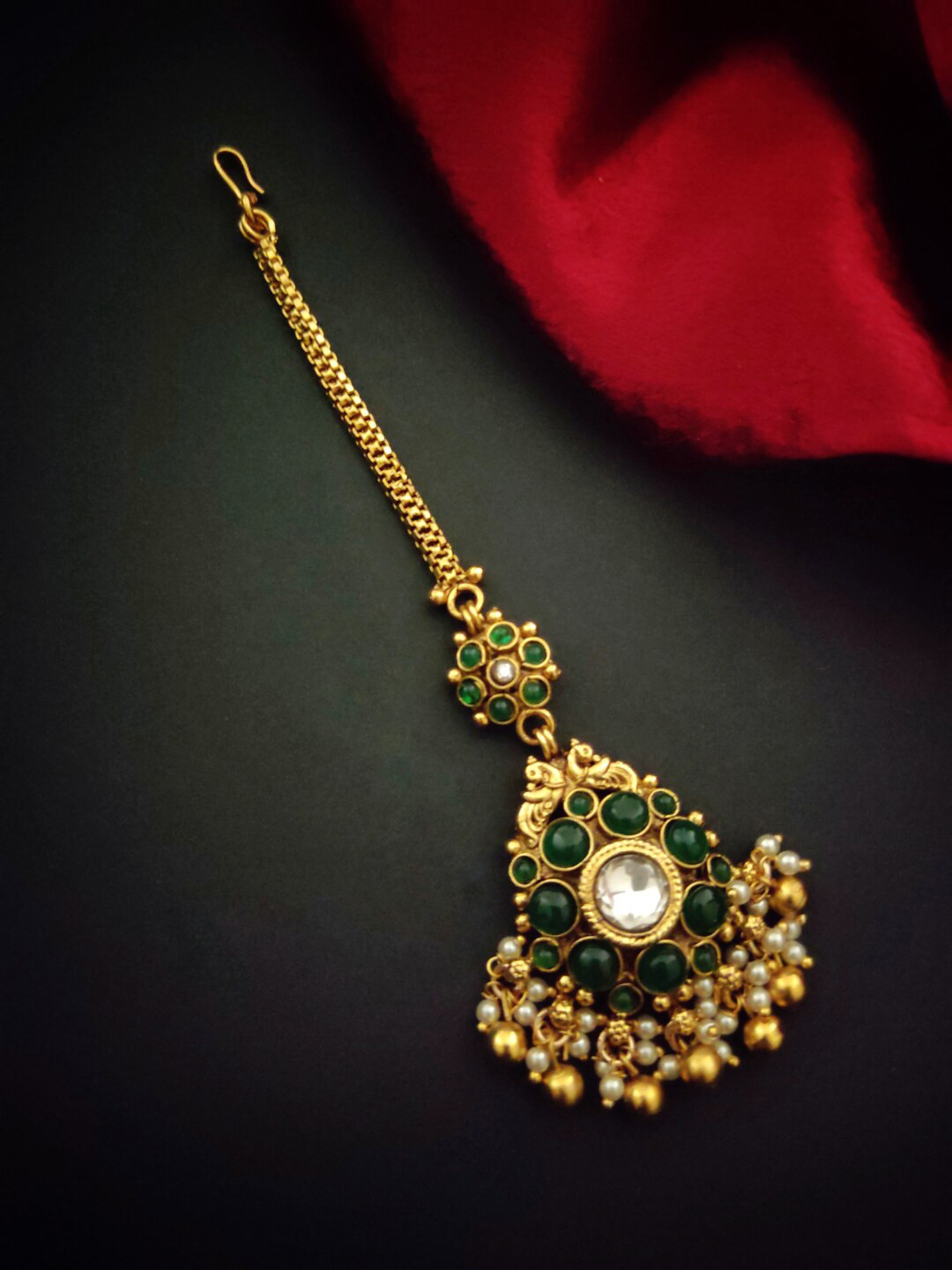 

Pihtara Jewels Gold-Plated Stone-Studded & Beaded Maang Tikka